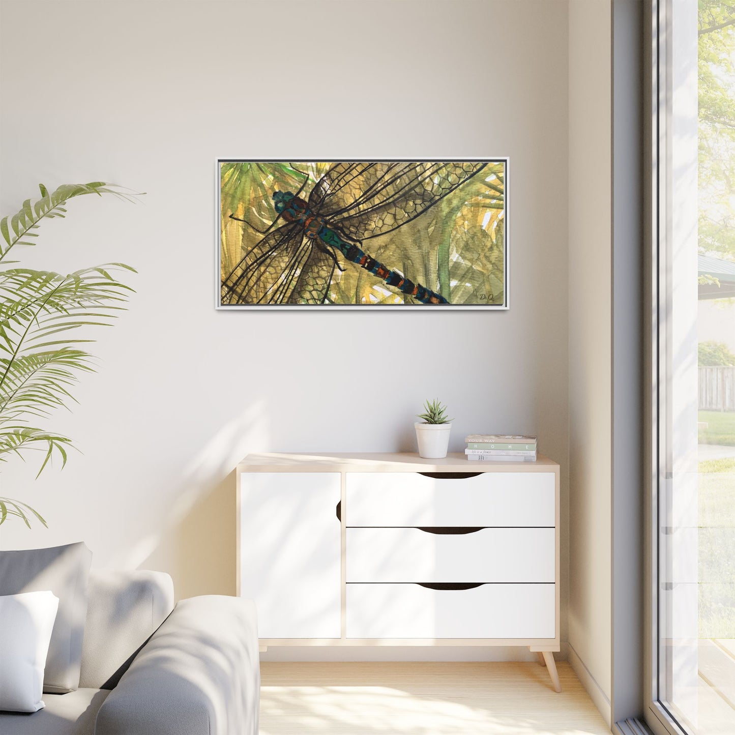 Dragonfly Framed Canvas Art — Botanical Watercolor Wall Decor