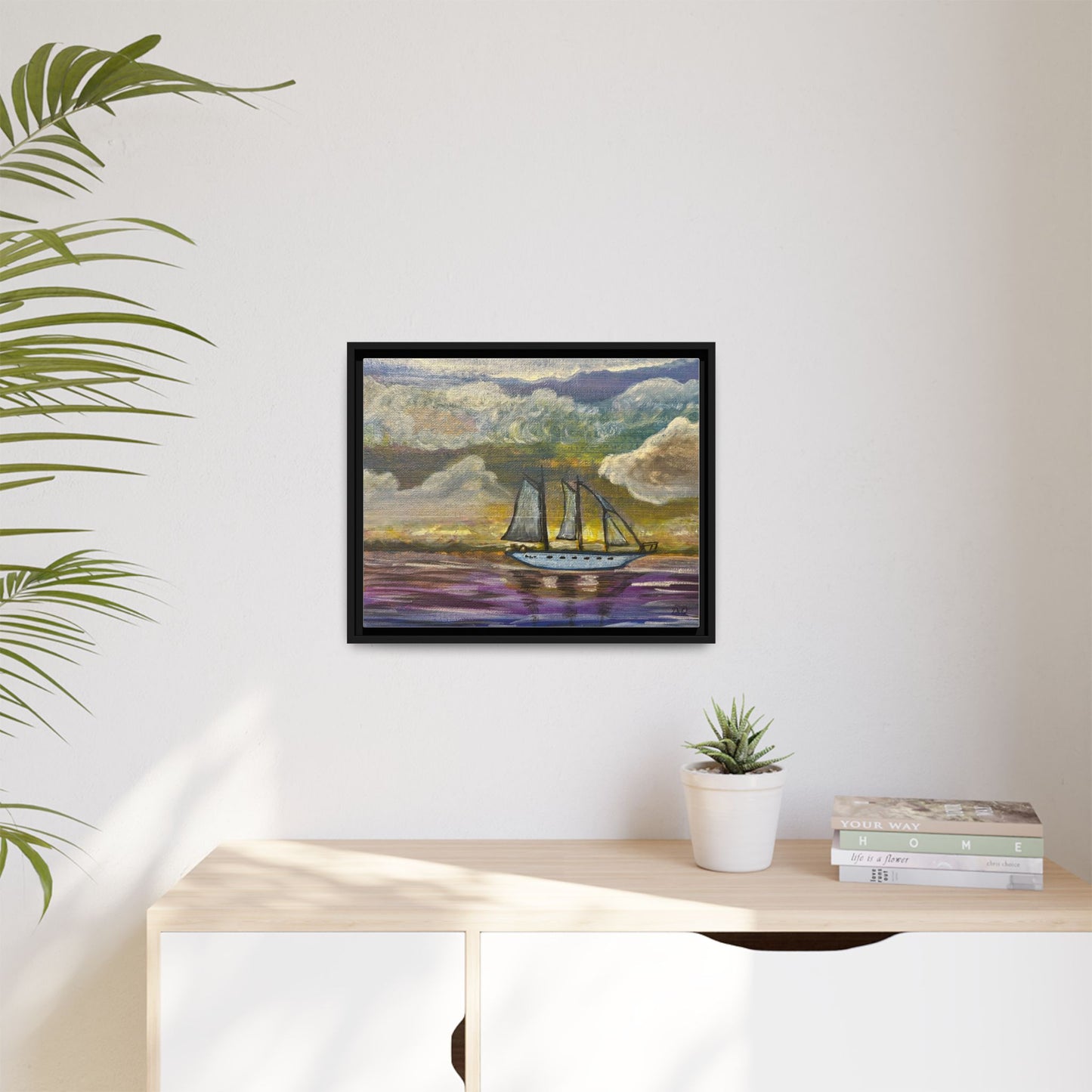Framed Matte Canvas Sailboat Painting — Serene Seascape Wall Art