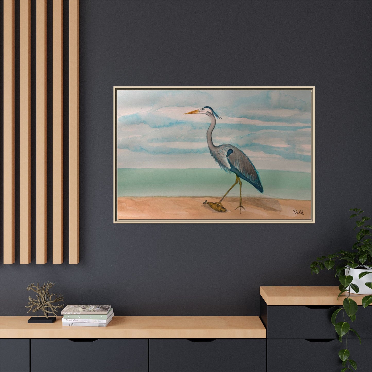 Framed Heron Beach Matte Canvas — Coastal Watercolor Wall Art