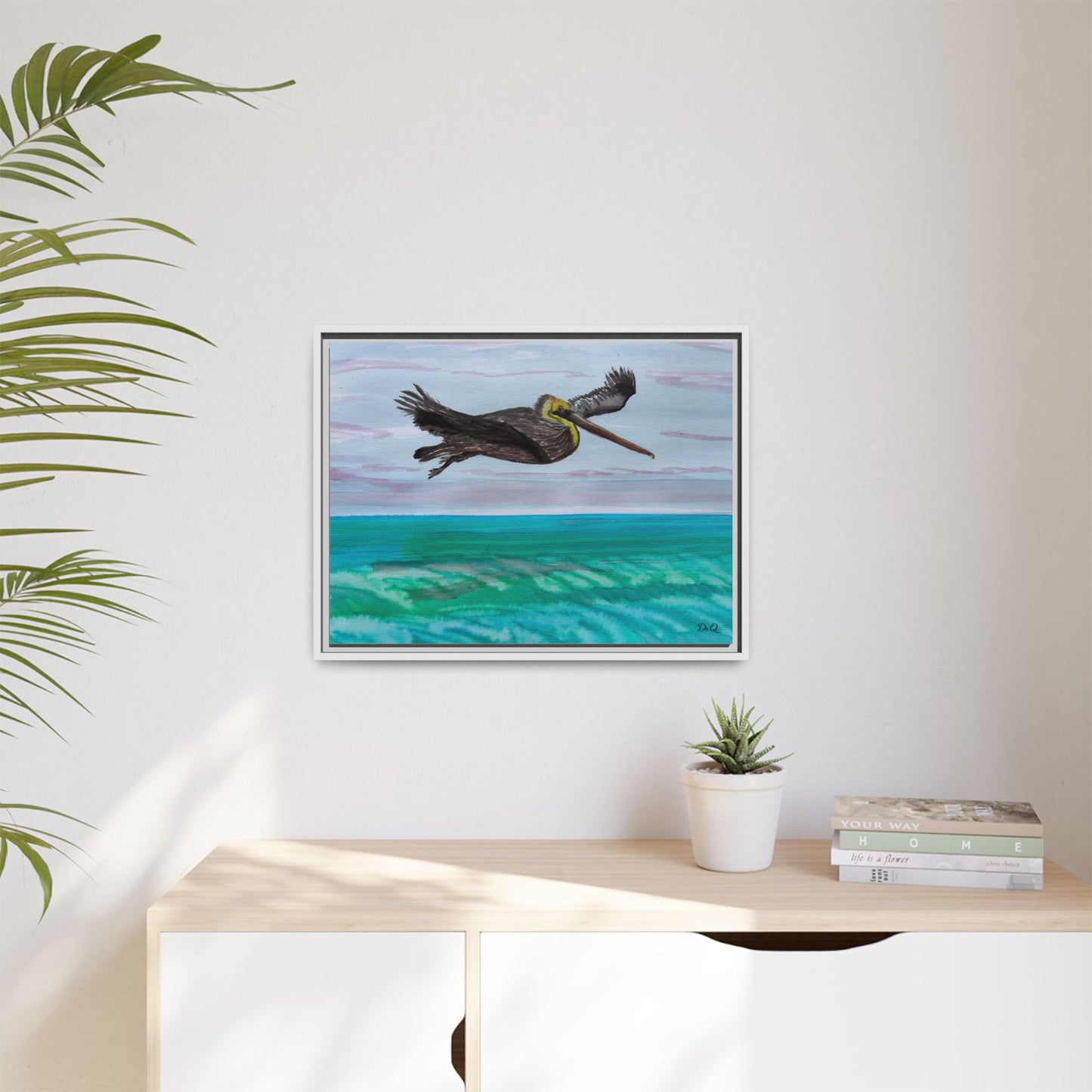 Brown Pelican Over Ocean Matte Framed Canvas Art