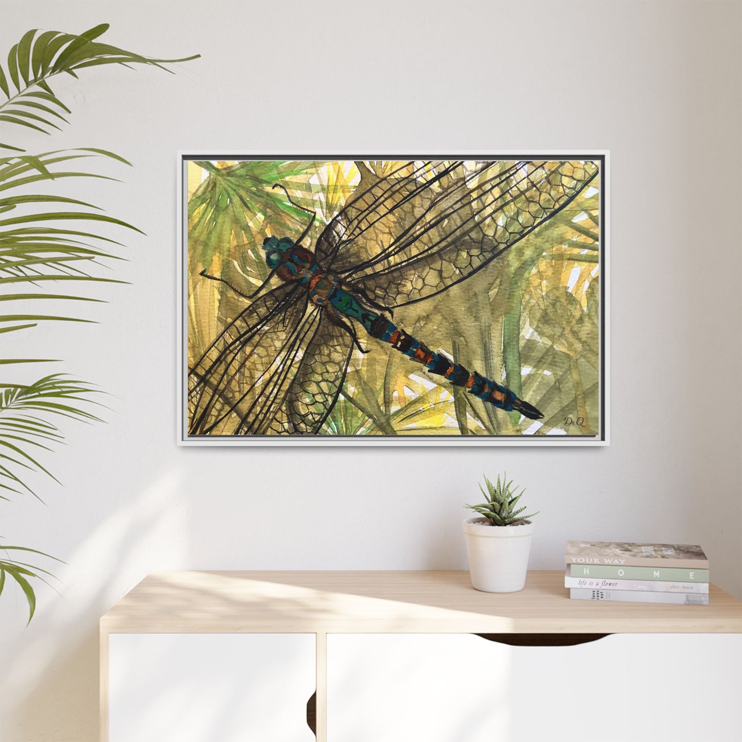 Dragonfly Framed Canvas Art — Botanical Watercolor Wall Decor