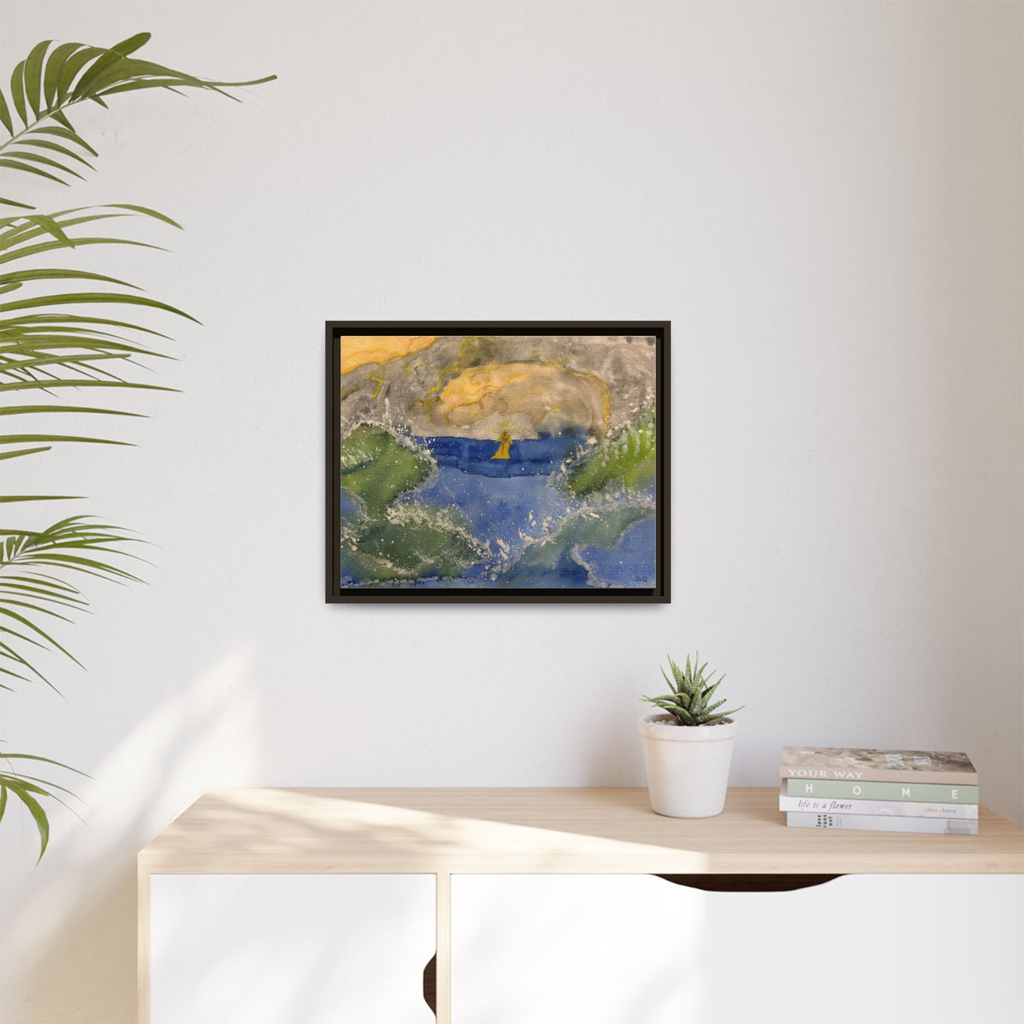 "Faith in the Storm" Framed Matte Canvas Seascape — Golden Sail at Sunset