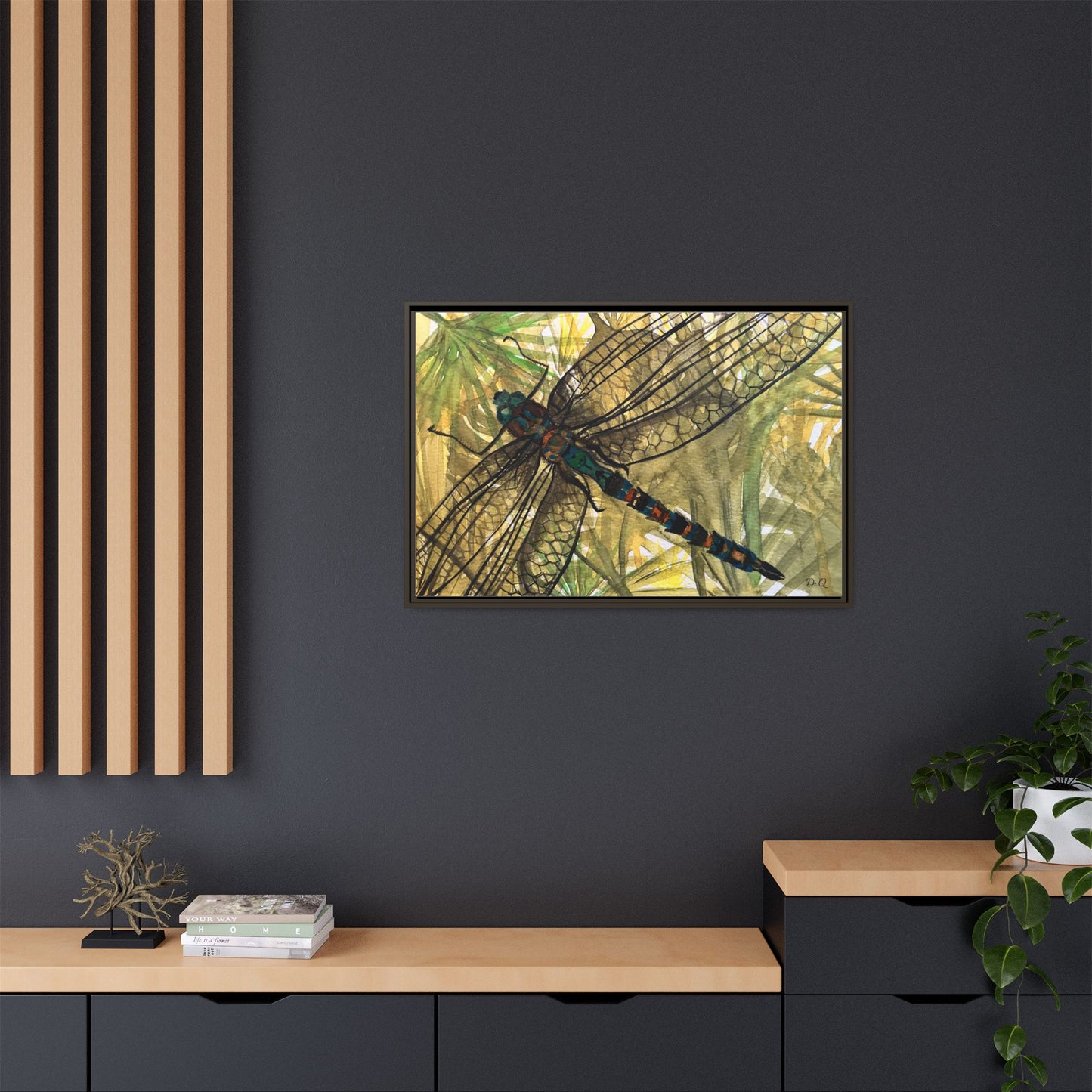 Dragonfly Framed Canvas Art — Botanical Watercolor Wall Decor