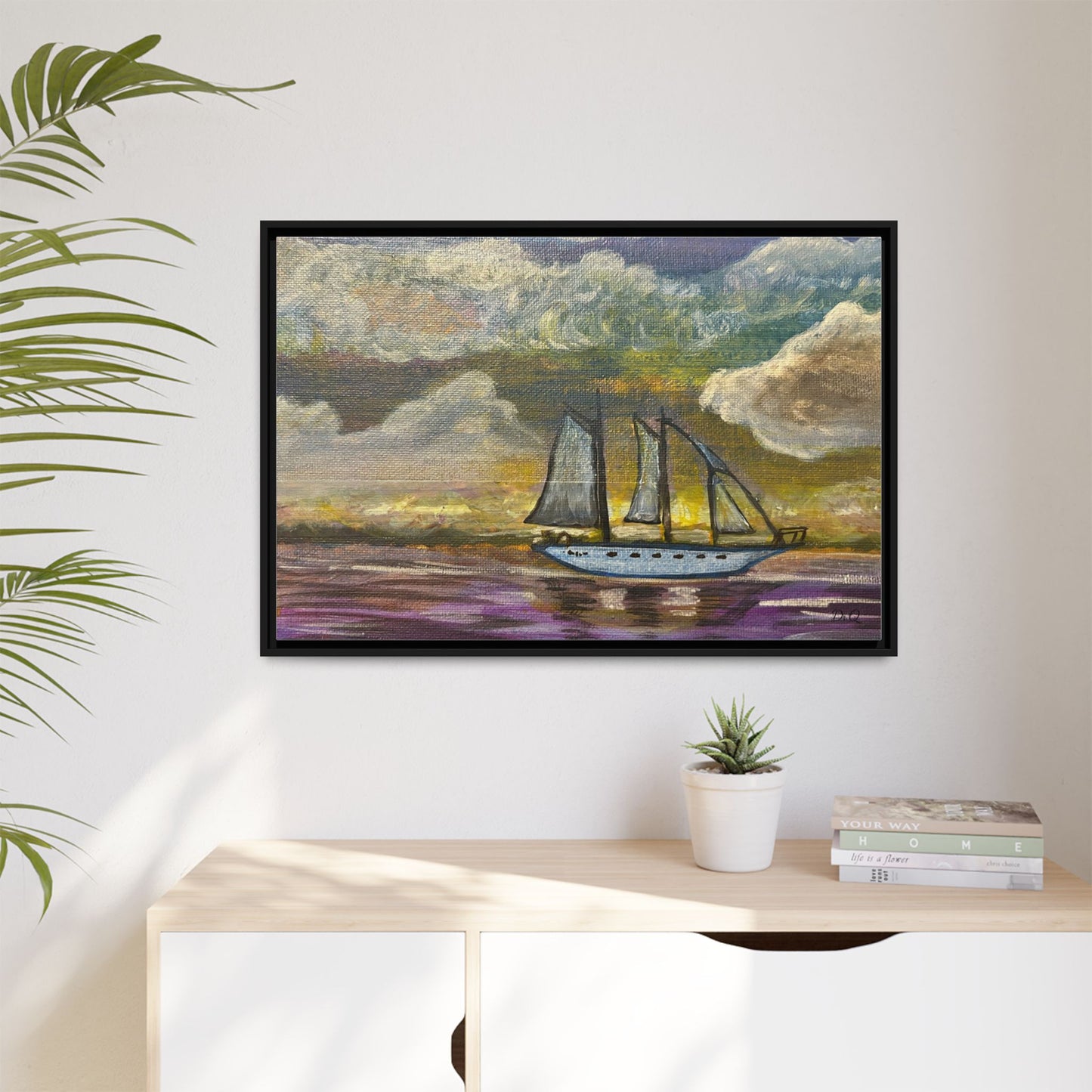 Framed Matte Canvas Sailboat Painting — Serene Seascape Wall Art