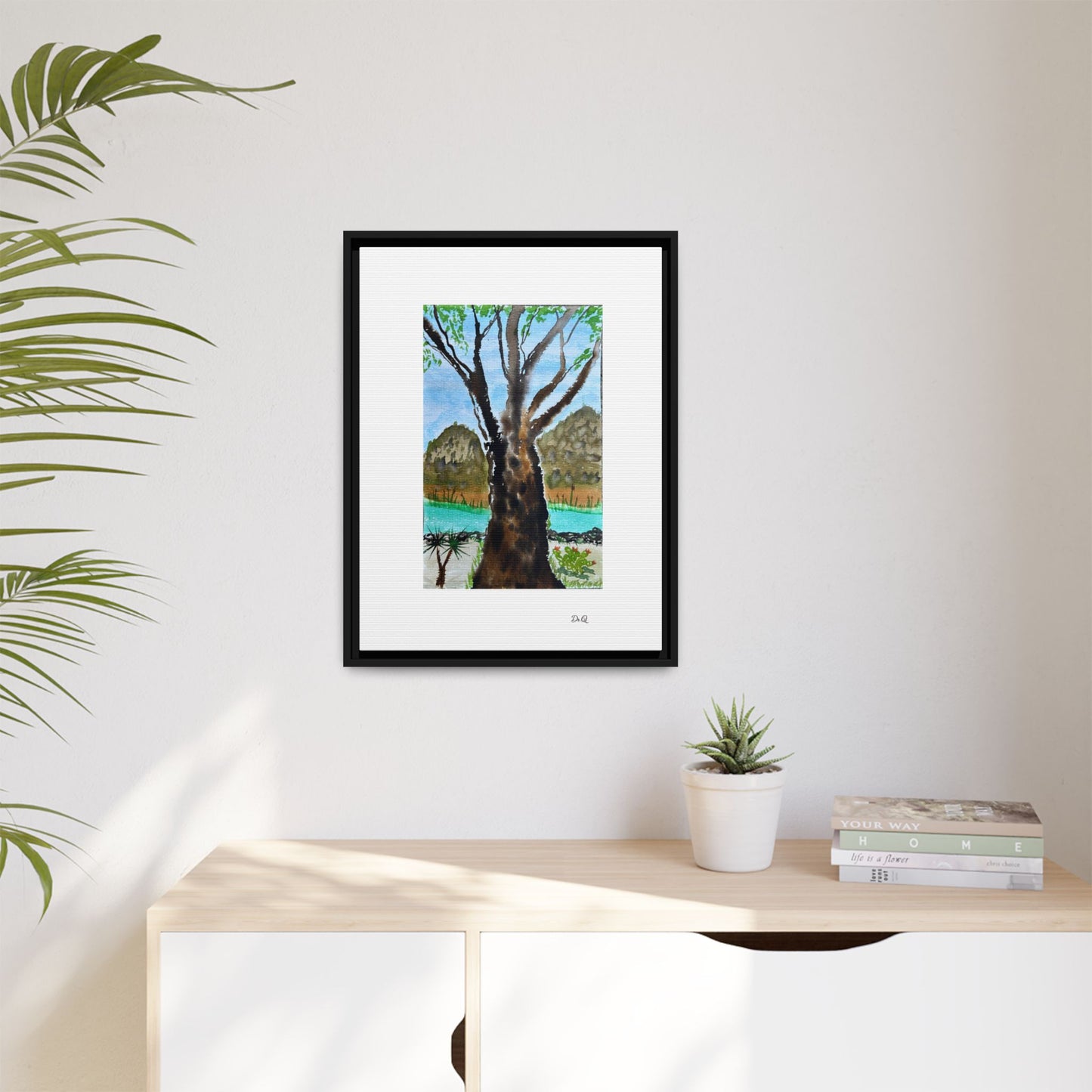 Tranquil Lakeside Tree Watercolor - Framed Matte Canvas Print by Dr. Q
