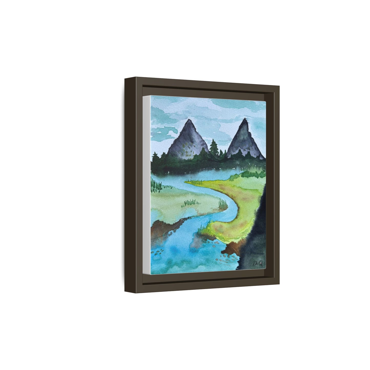 Mountain River Framed Canvas Watercolor Print by Dr. Q