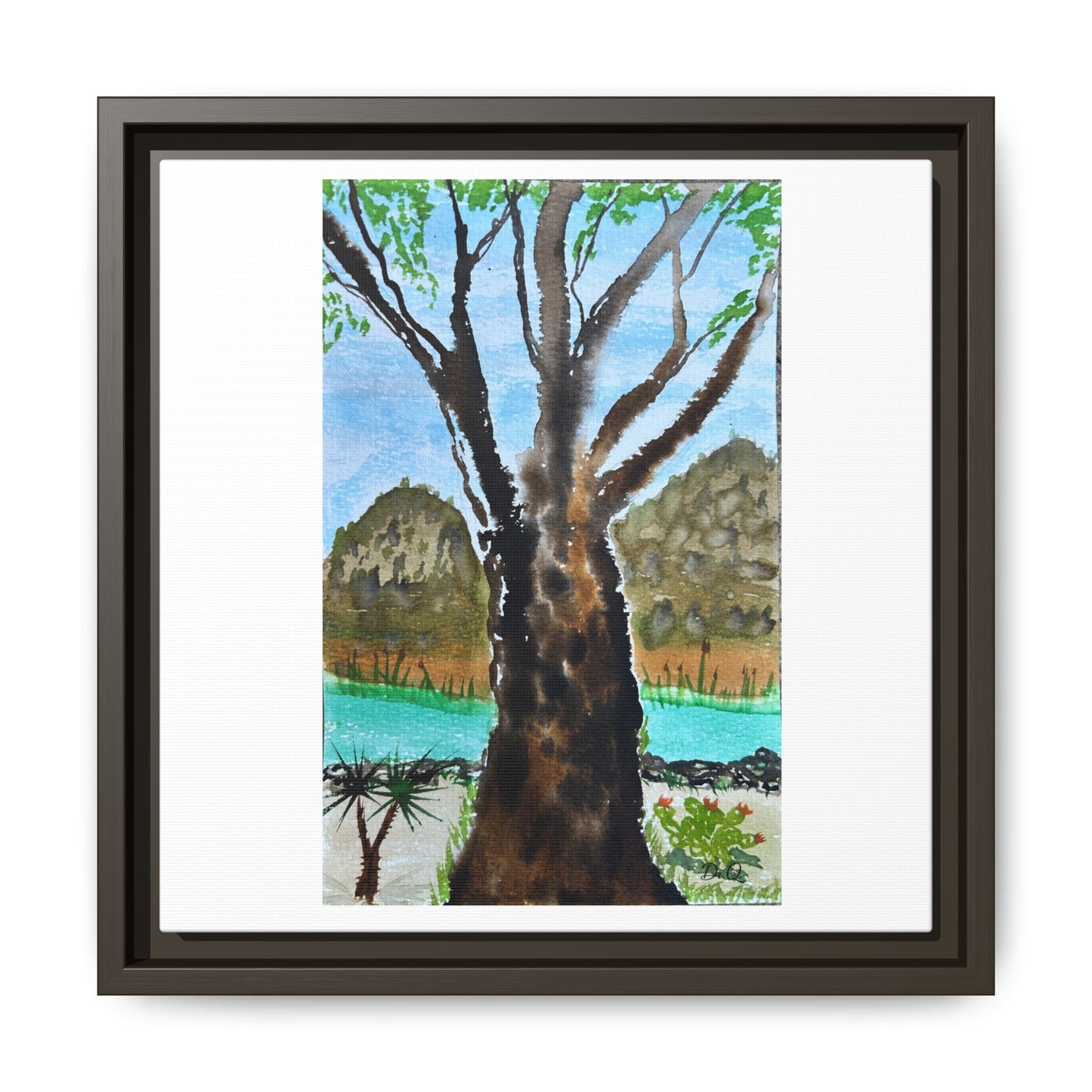 Tranquil Lakeside Tree Watercolor - Framed Matte Canvas Print by Dr. Q