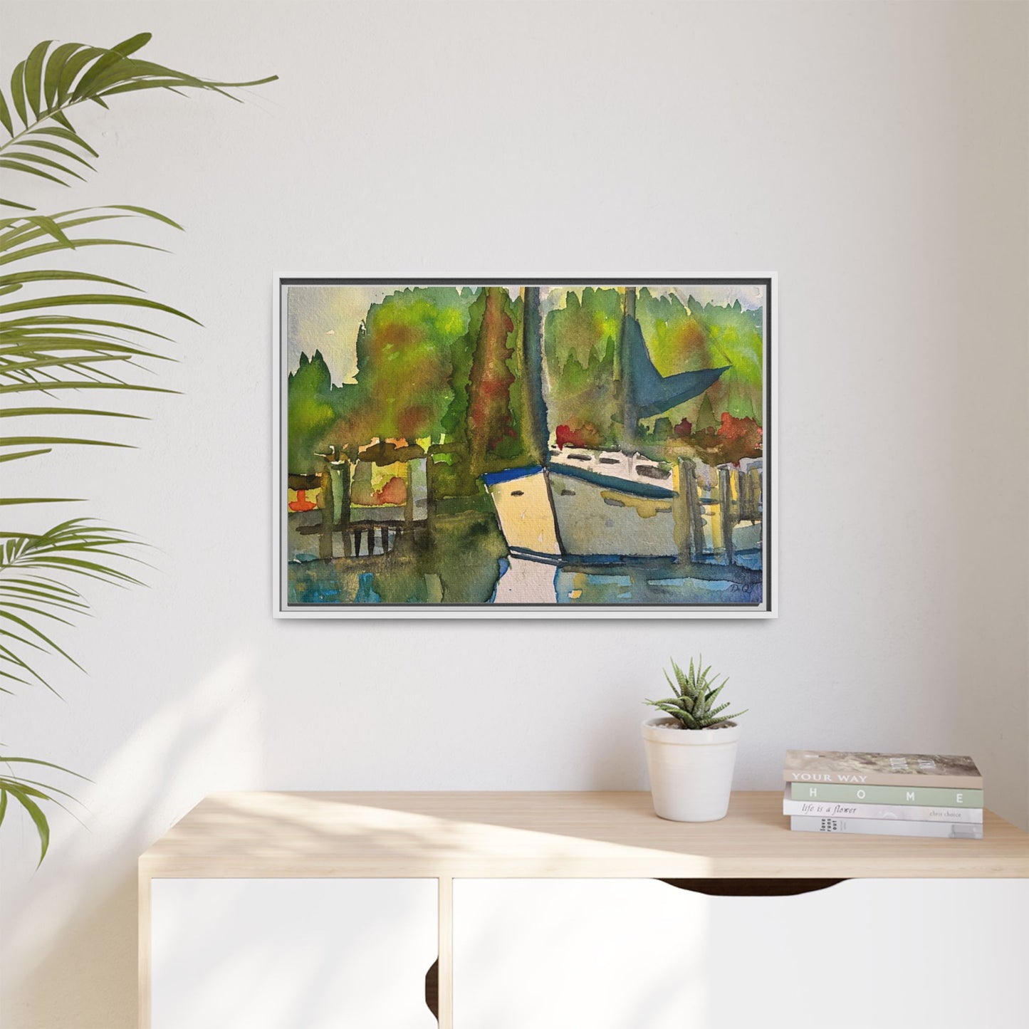Sailboat Harbor Watercolor — Framed Matte Canvas Wall Art