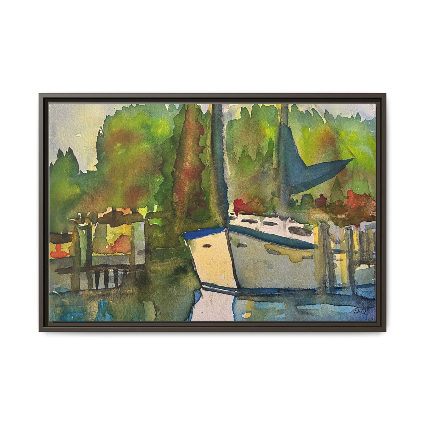 Sailboat Harbor Watercolor — Framed Matte Canvas Wall Art
