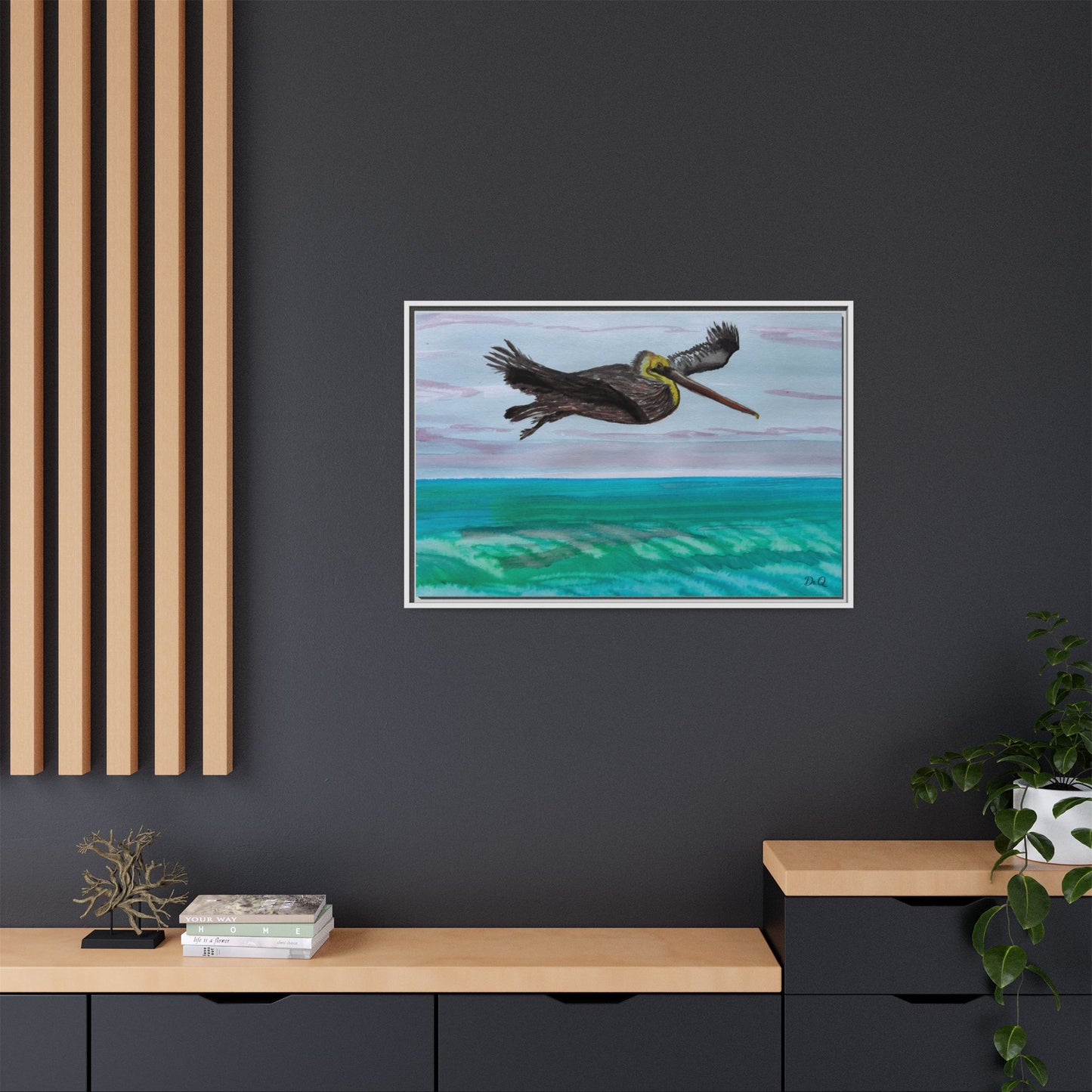 Brown Pelican Over Ocean Matte Framed Canvas Art