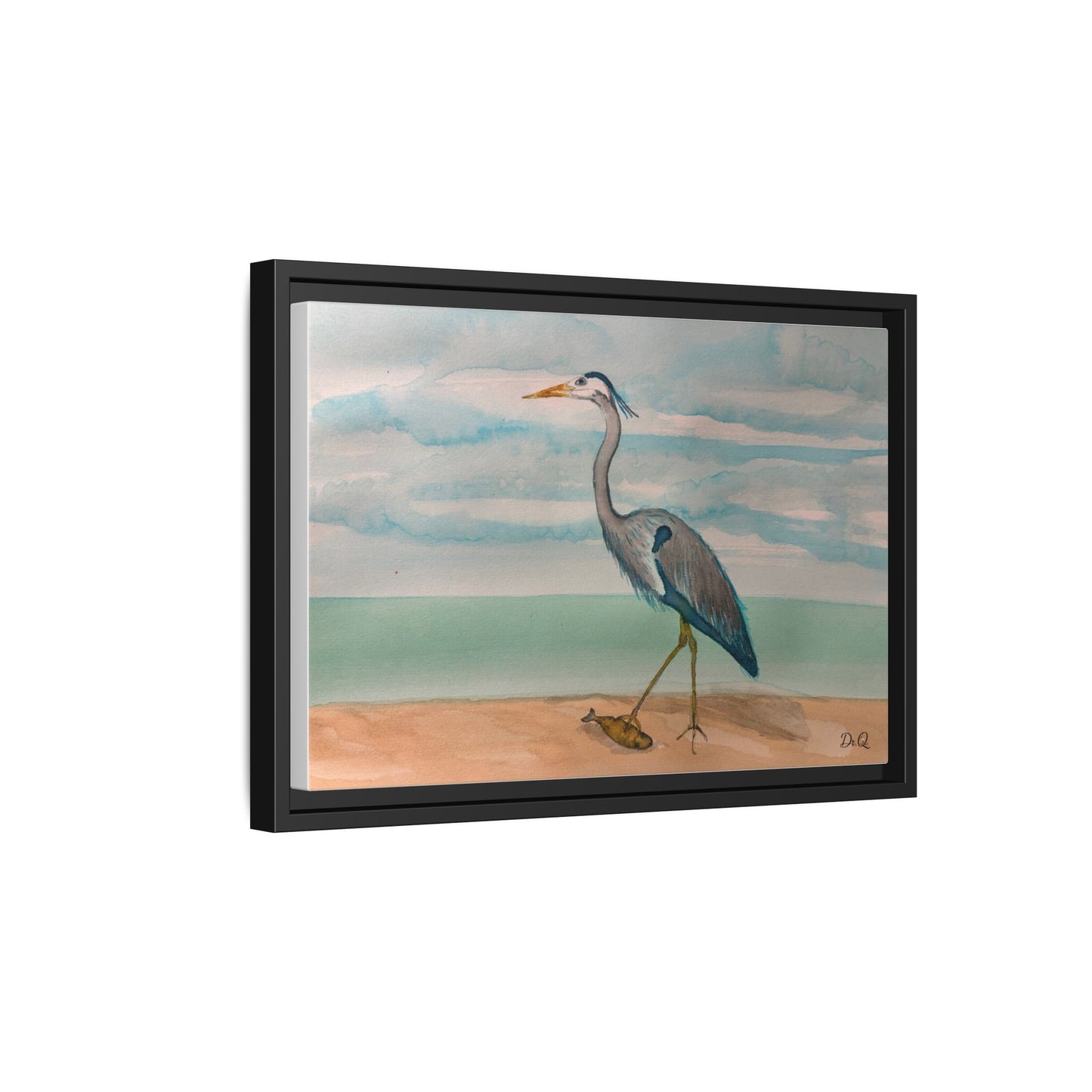 Framed Heron Beach Matte Canvas — Coastal Watercolor Wall Art