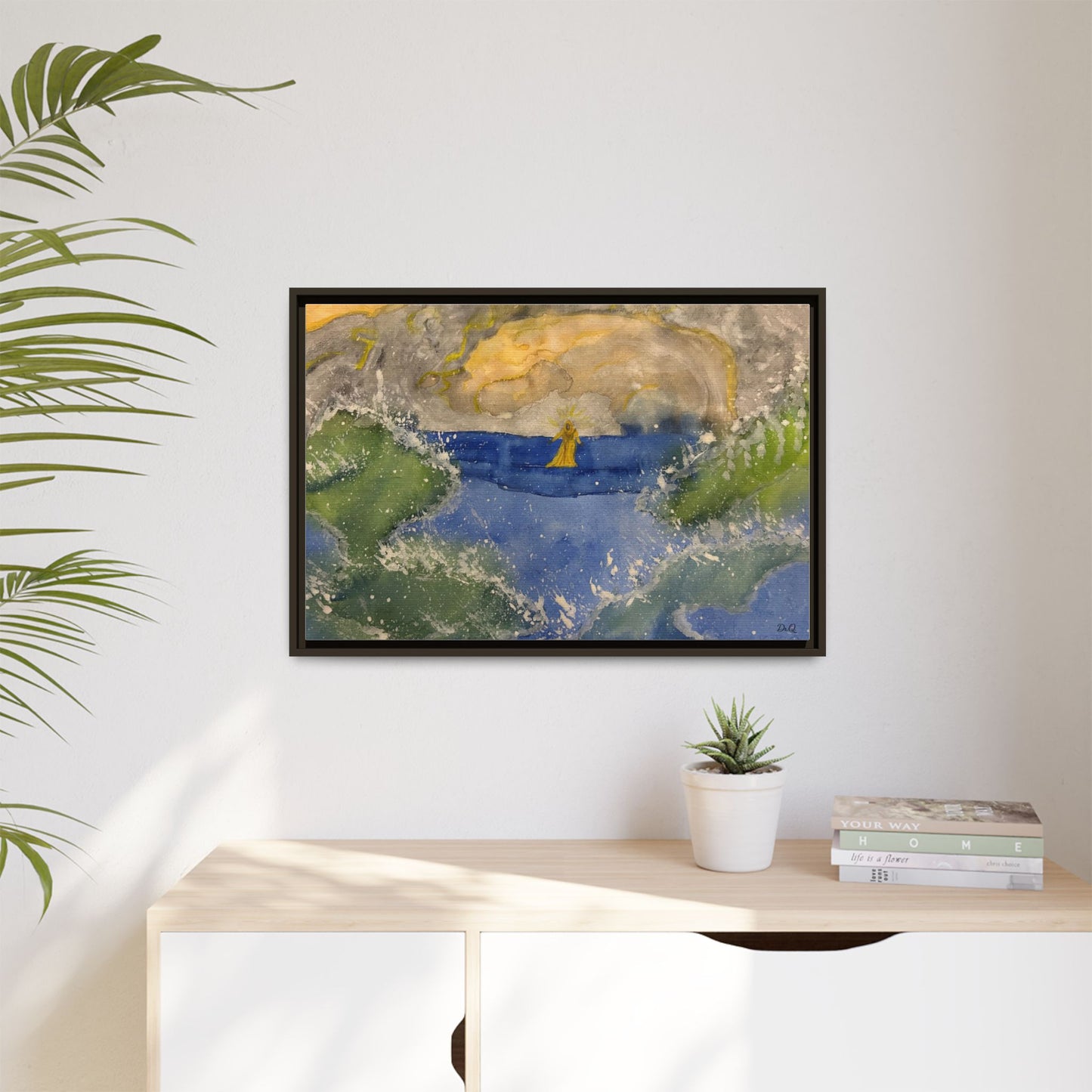 "Faith in the Storm" Framed Matte Canvas Seascape — Golden Sail at Sunset