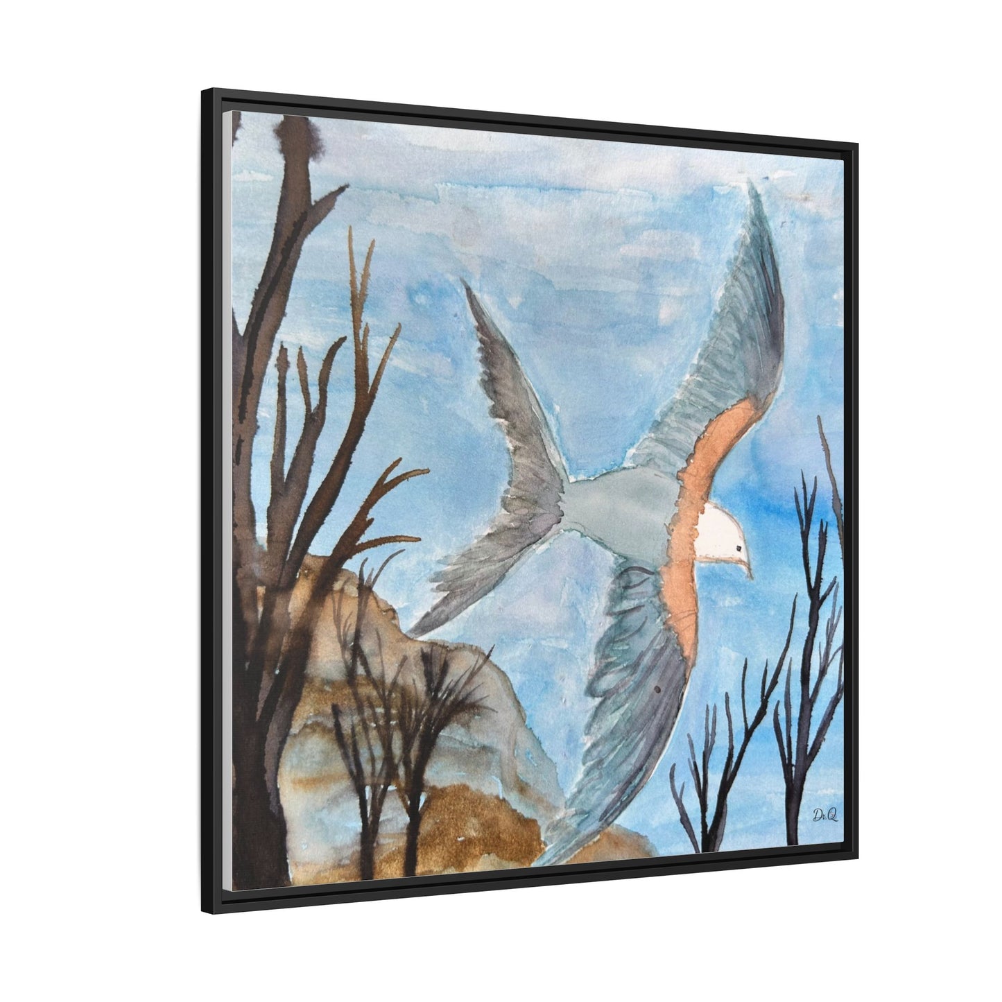 Framed Matte Canvas Wall Art — Soaring Seagull Coastal Print