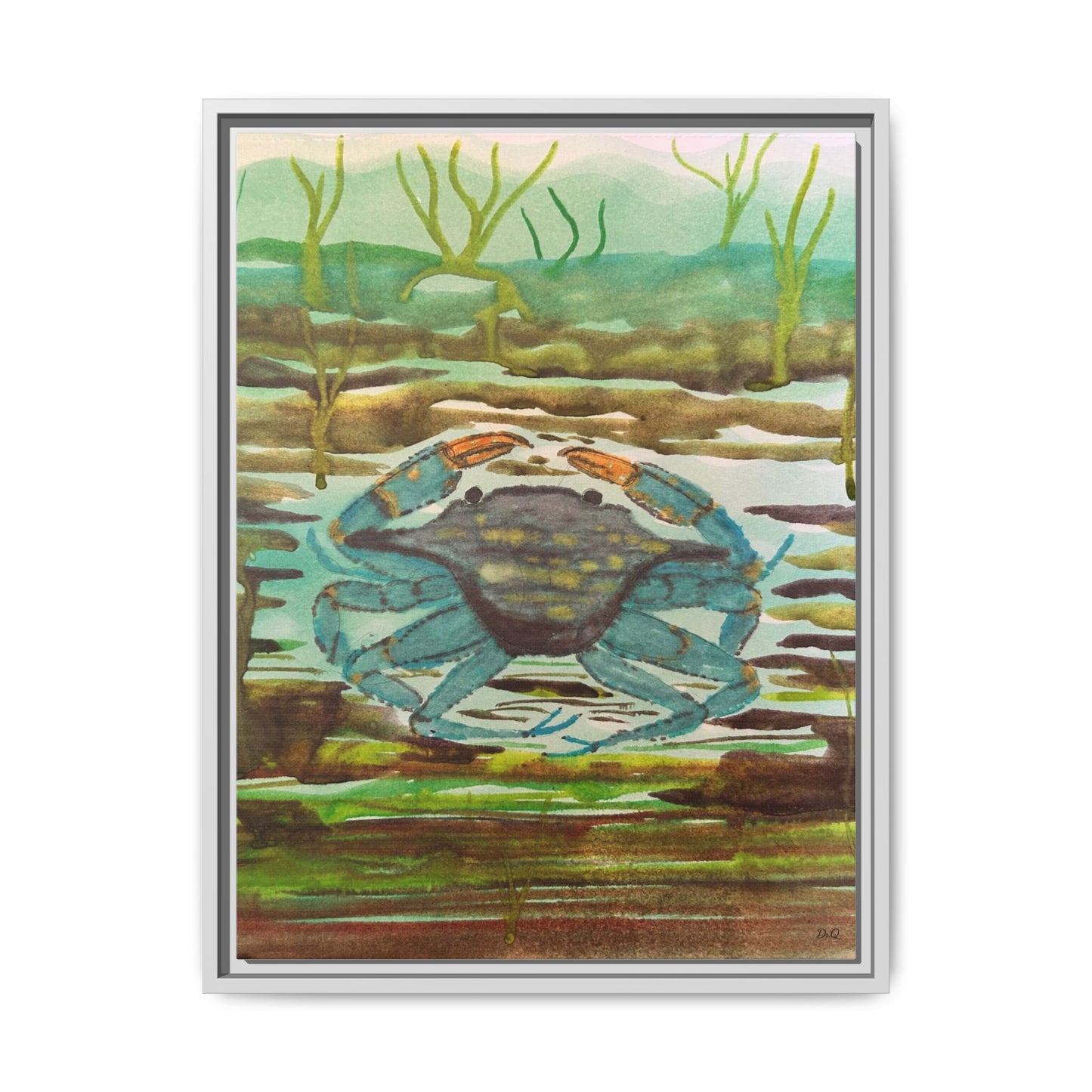 Blue Crab Coastal Art Print — Matte Framed Canvas