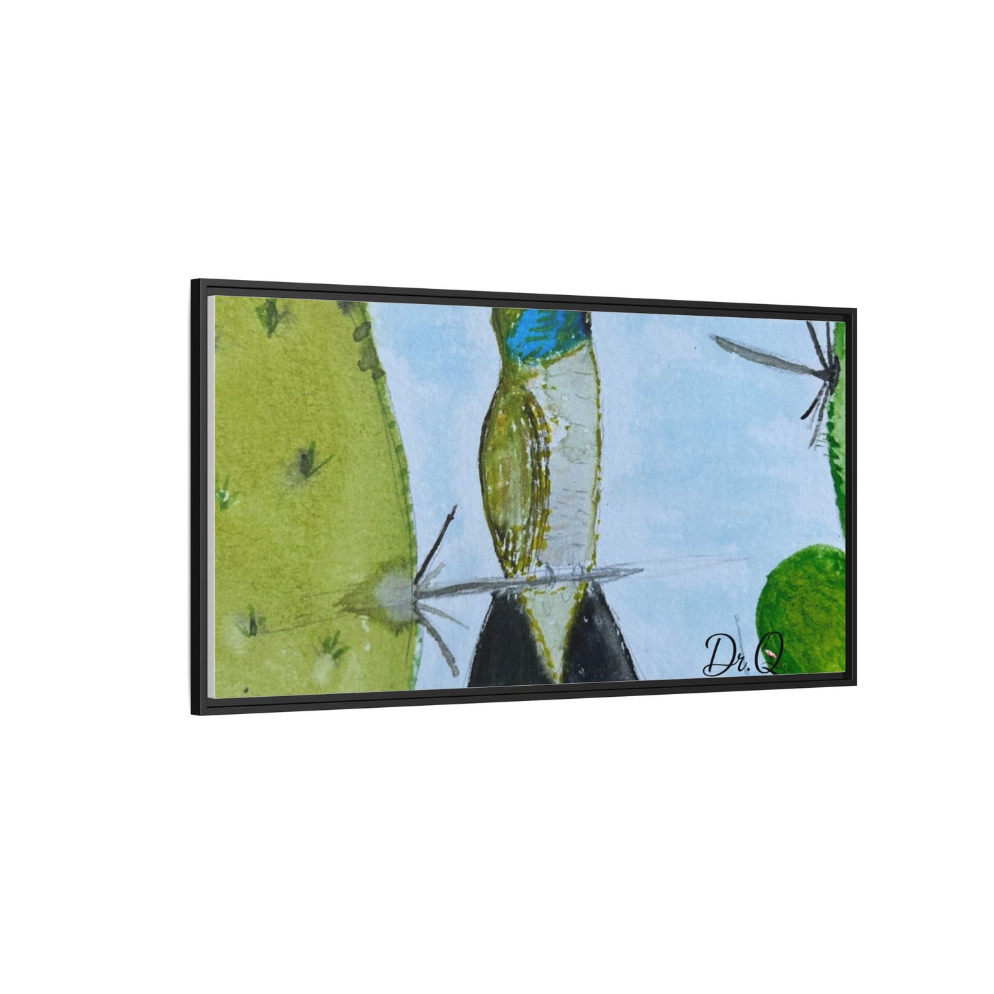 Framed Hummingbird Cactus Watercolor Print on Canvas by Dr. Q — Floral Desert Wall Art
