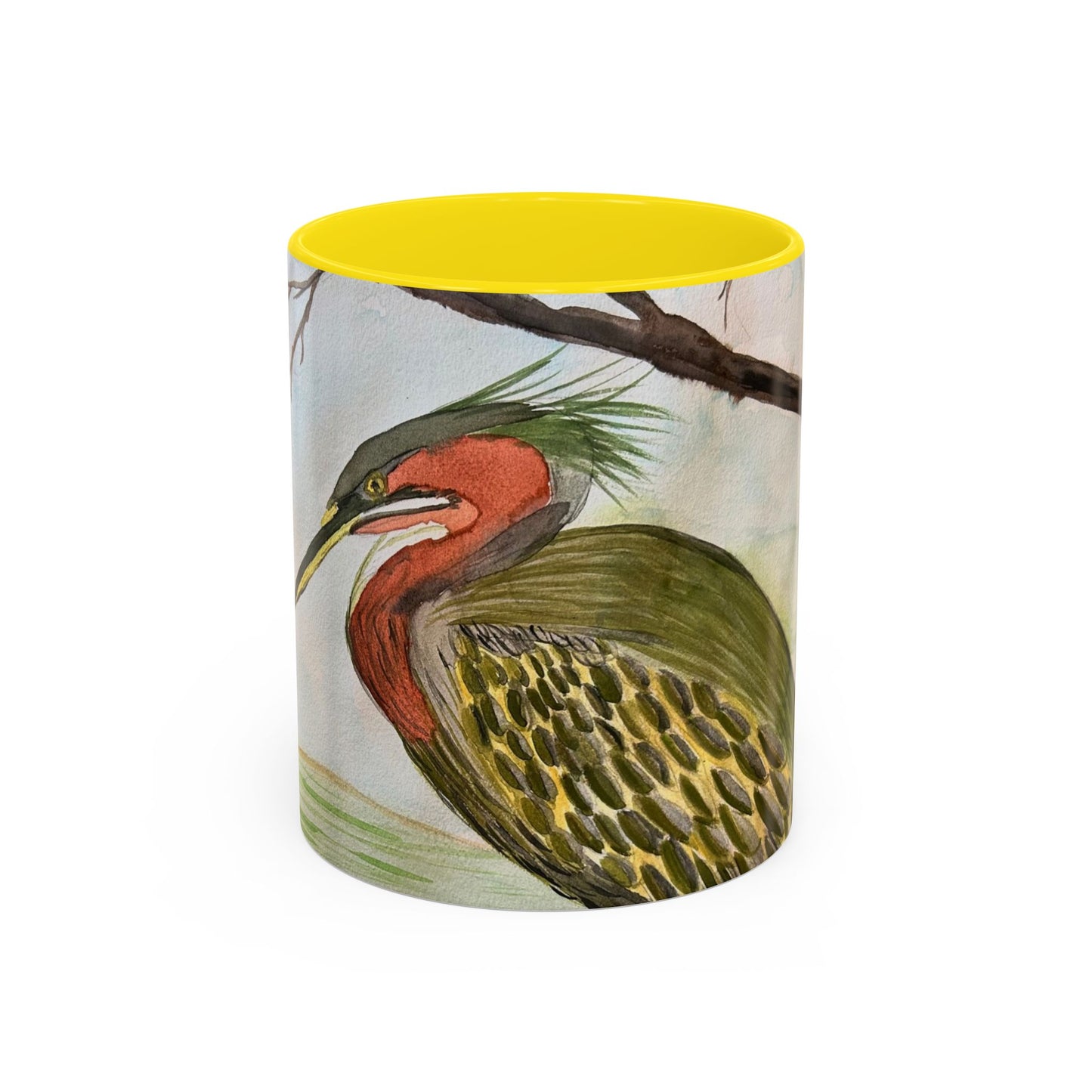 Green Heron Watercolor Accent Coffee Mug — Nature Bird Watercolor (11/15oz)