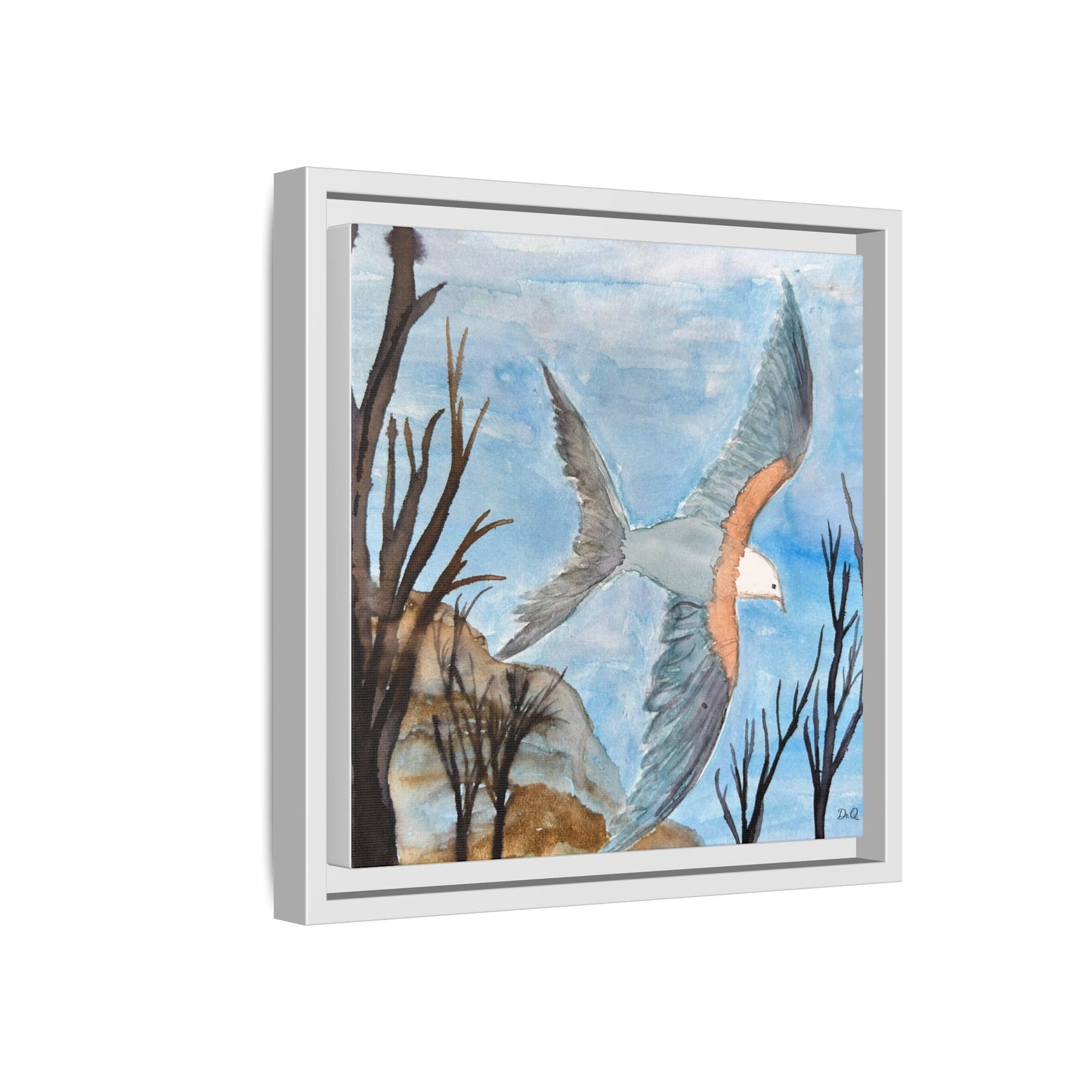 Framed Matte Canvas Wall Art — Soaring Seagull Coastal Print