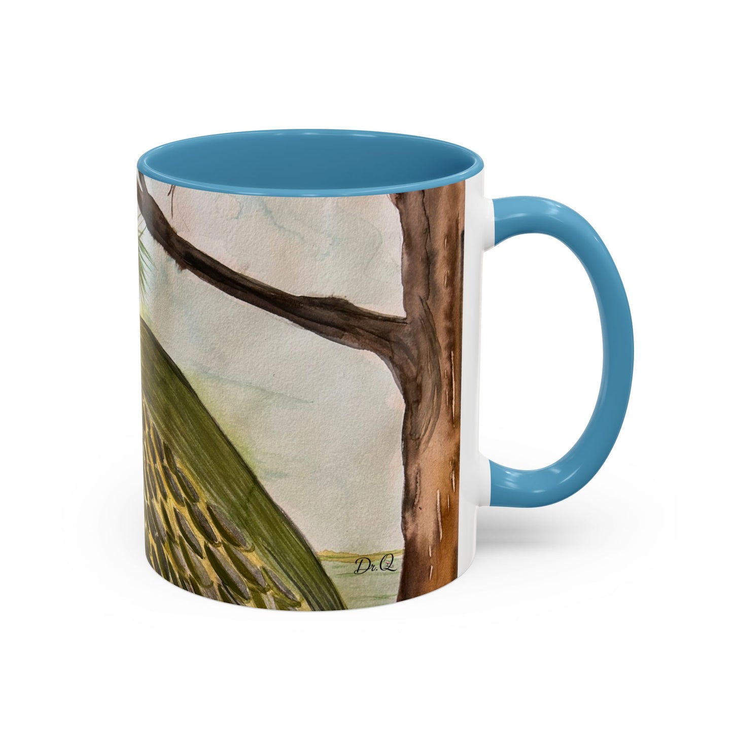 Green Heron Watercolor Accent Coffee Mug — Nature Bird Watercolor (11/15oz)