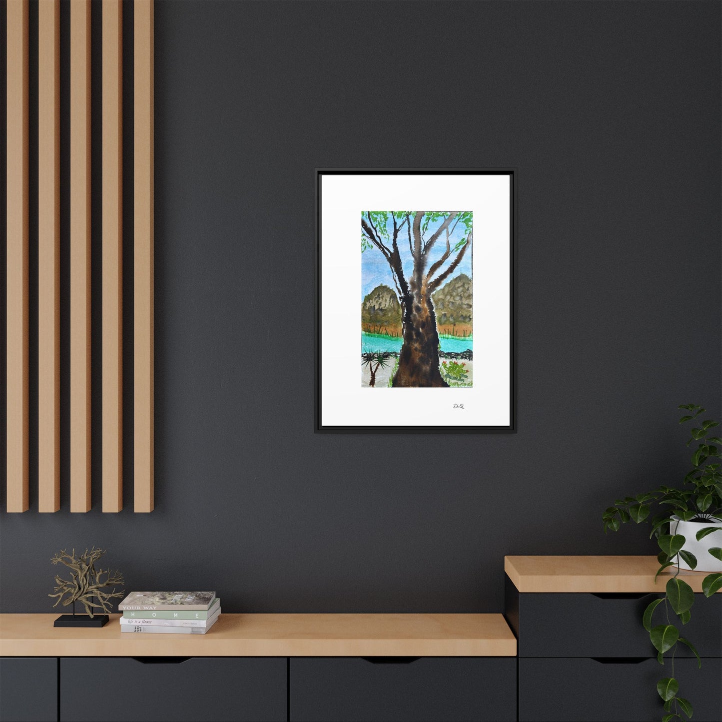 Tranquil Lakeside Tree Watercolor - Framed Matte Canvas Print by Dr. Q
