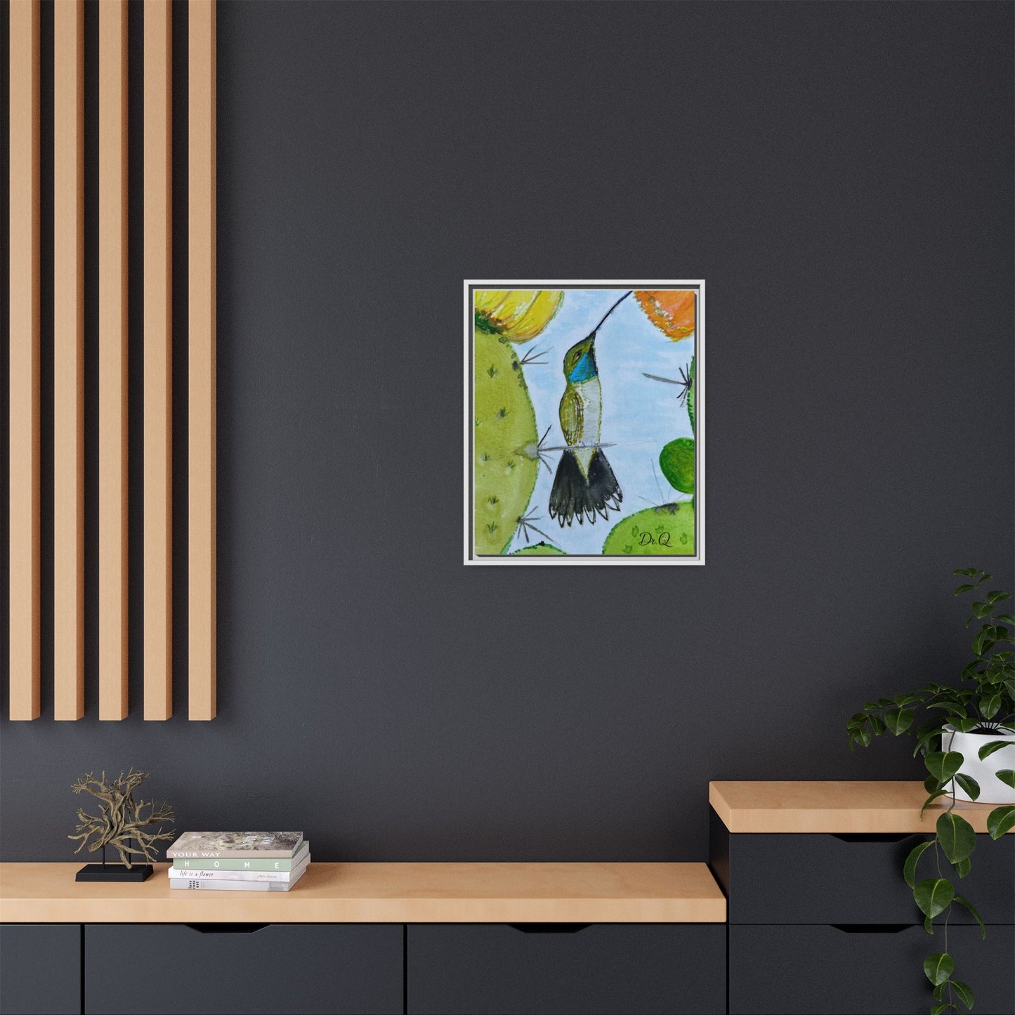 Framed Hummingbird Cactus Watercolor Print on Canvas by Dr. Q — Floral Desert Wall Art