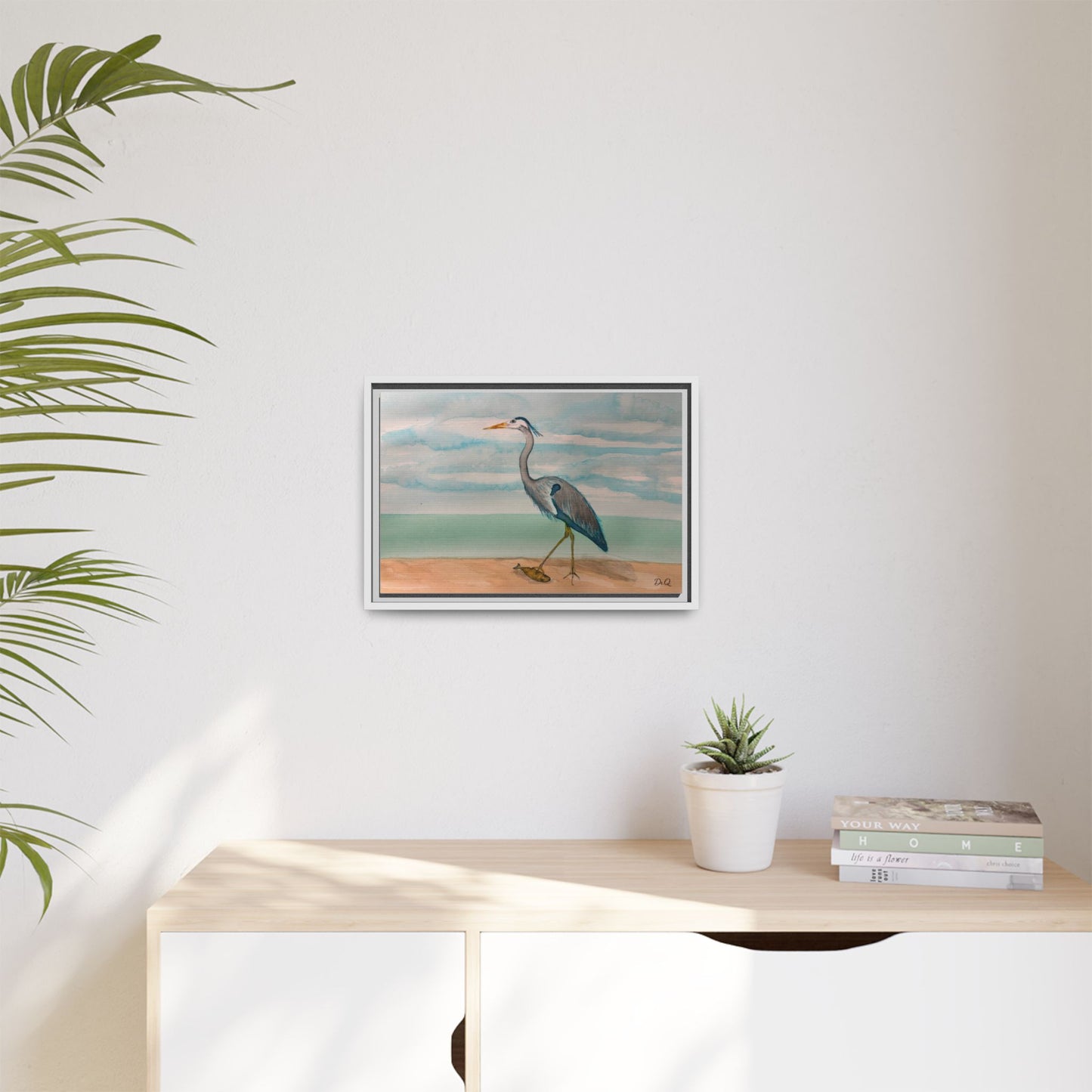 Framed Heron Beach Matte Canvas — Coastal Watercolor Wall Art