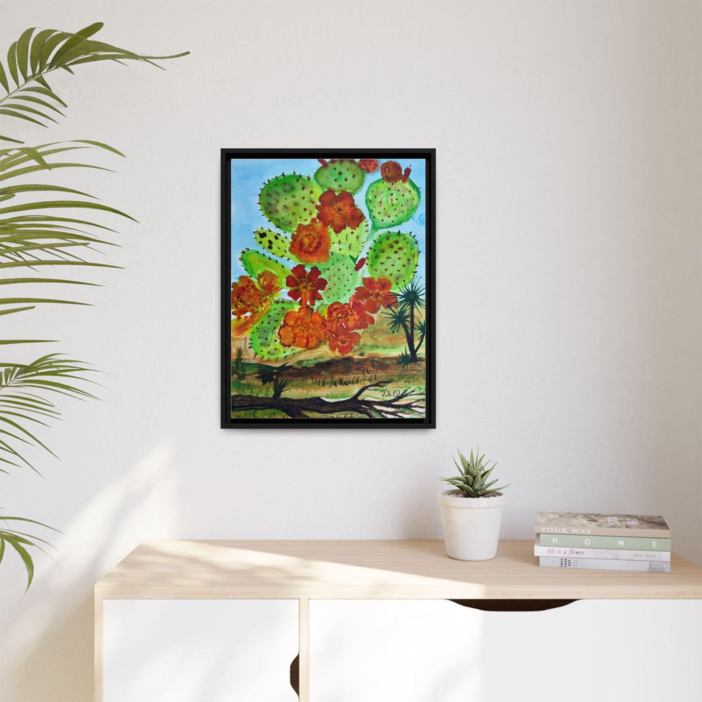 Prickly Pear Cactus Framed Canvas Print — Vertical Botanical Wall Art