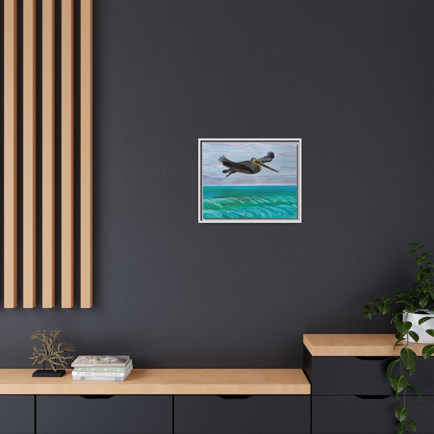 Brown Pelican Over Ocean Matte Framed Canvas Art
