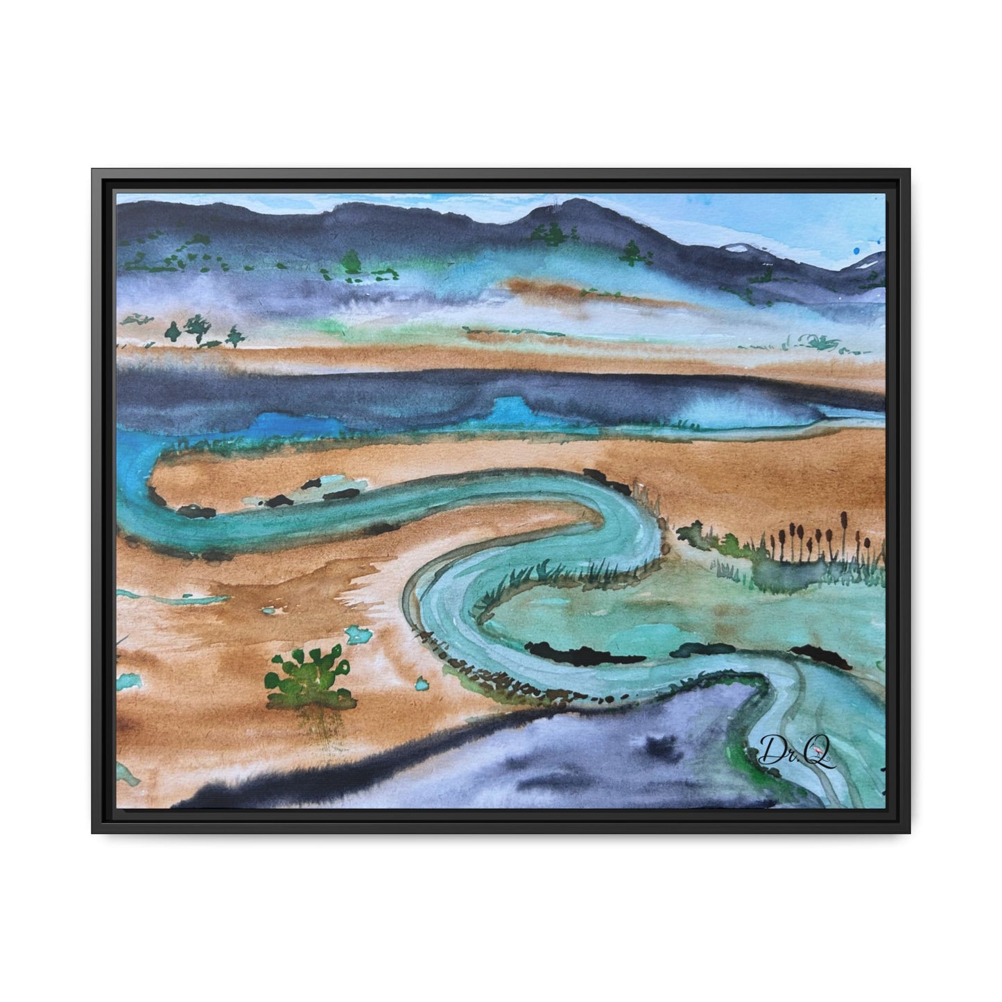 Winding River by Dr. Q - Framed Matte Canvas Watercolor Wall Art