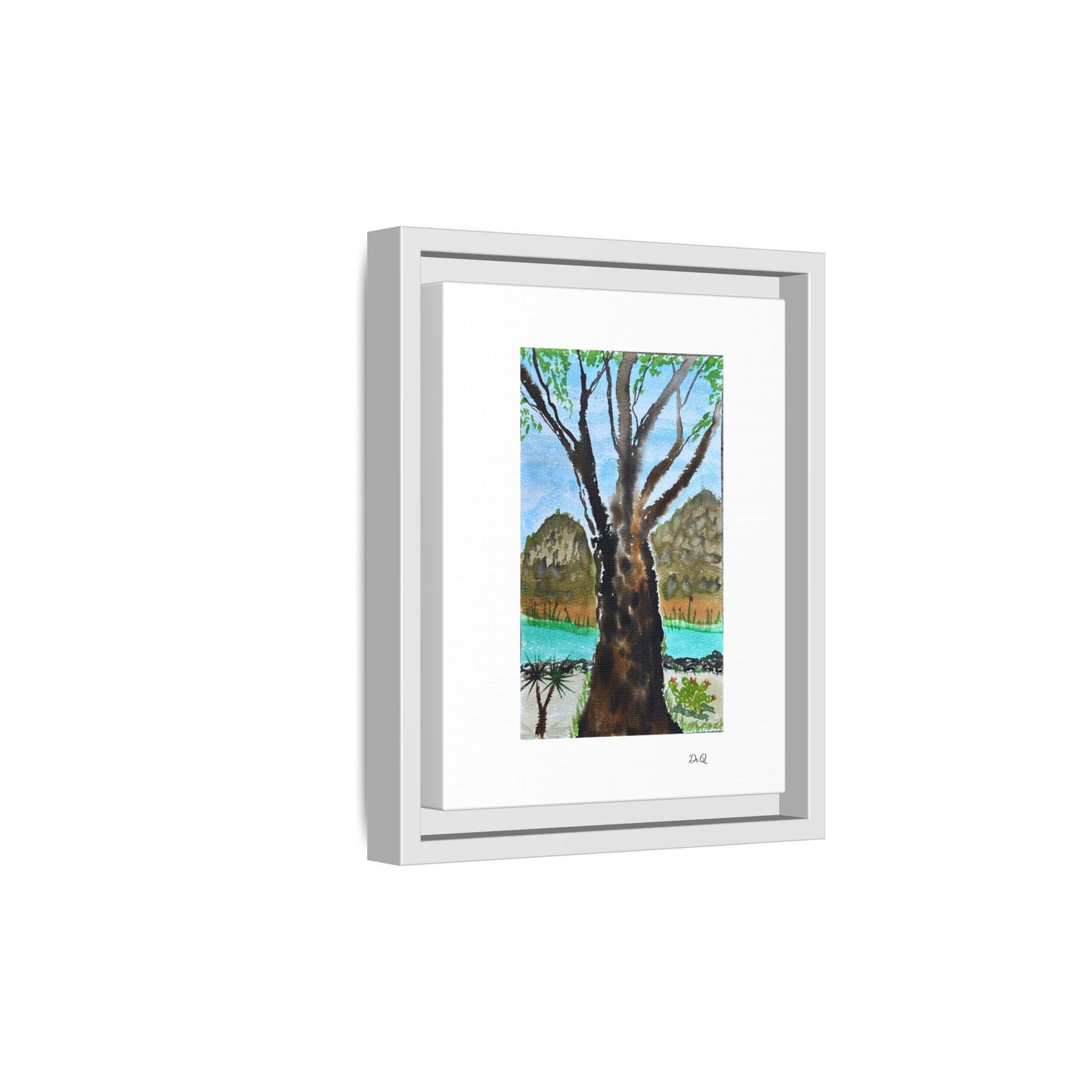 Tranquil Lakeside Tree Watercolor - Framed Matte Canvas Print by Dr. Q