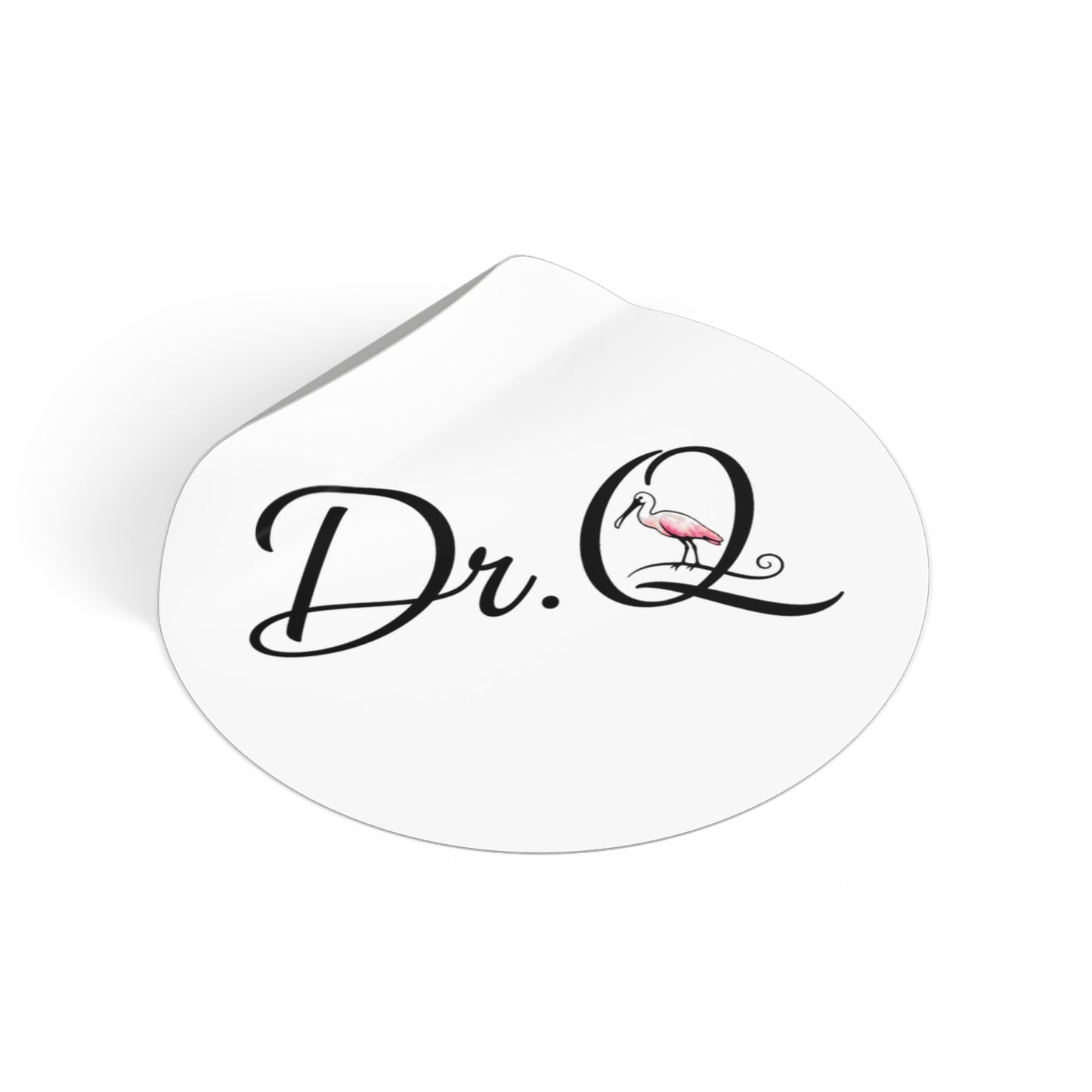 Dr. Q Round Vinyl Sticker — Elegant Script Logo with Pink Flamingo Accent