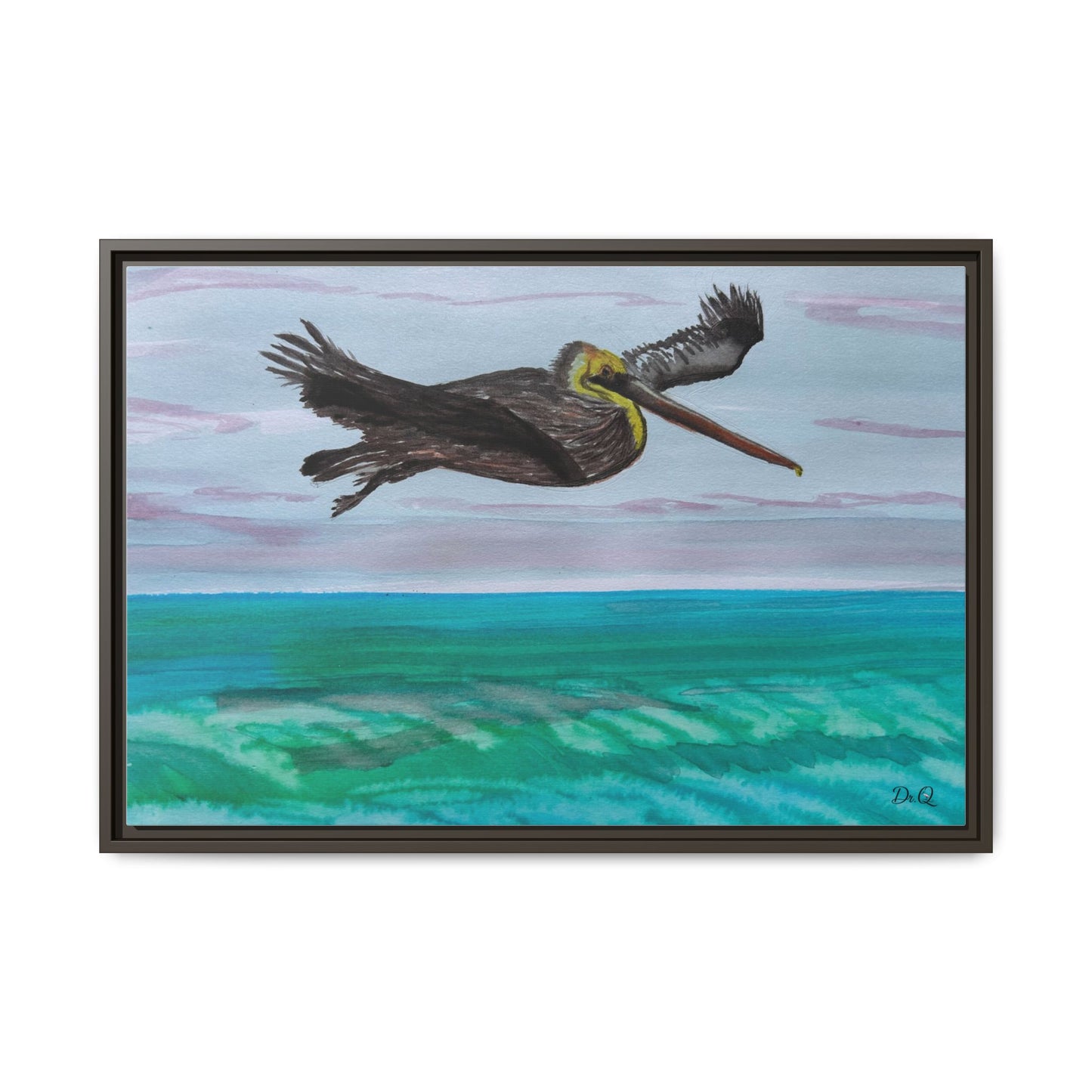 Brown Pelican Over Ocean Matte Framed Canvas Art