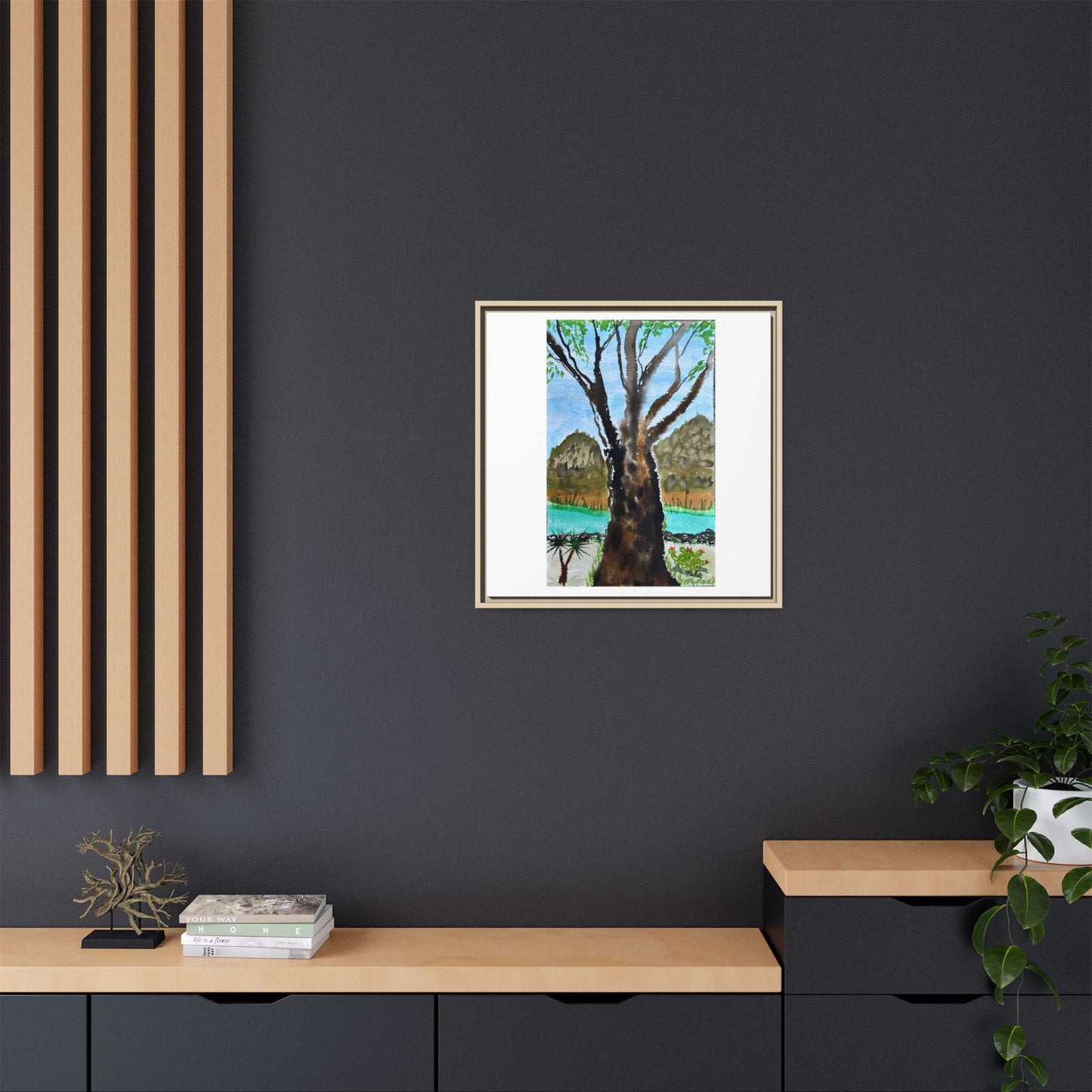 Tranquil Lakeside Tree Watercolor - Framed Matte Canvas Print by Dr. Q