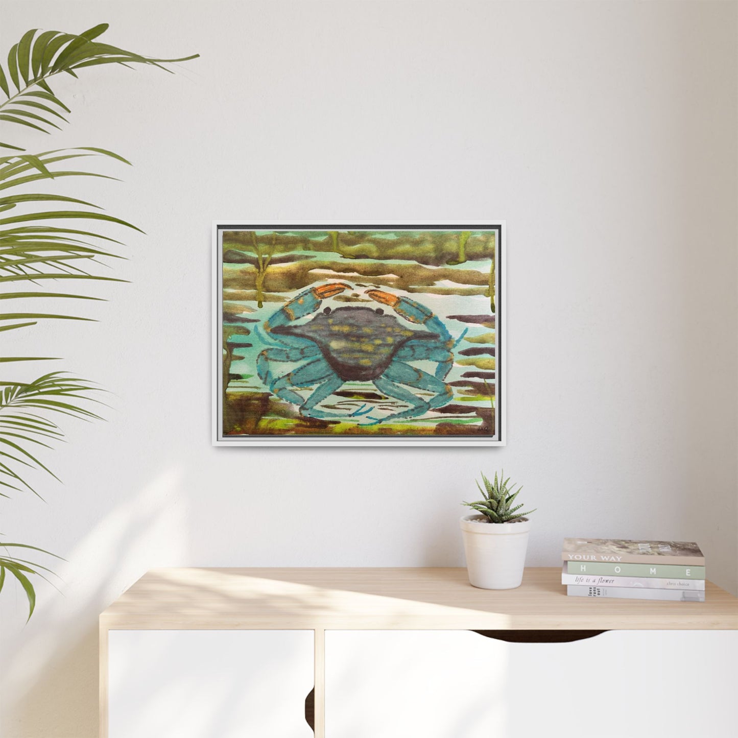 Blue Crab Coastal Art Print — Matte Framed Canvas