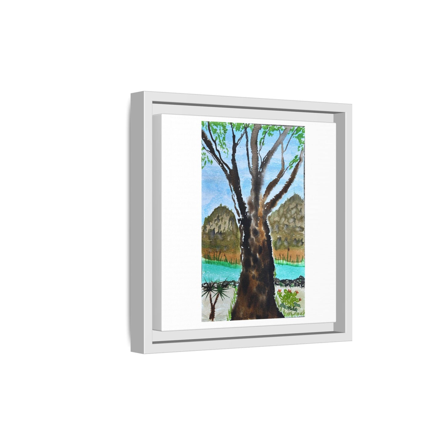 Tranquil Lakeside Tree Watercolor - Framed Matte Canvas Print by Dr. Q