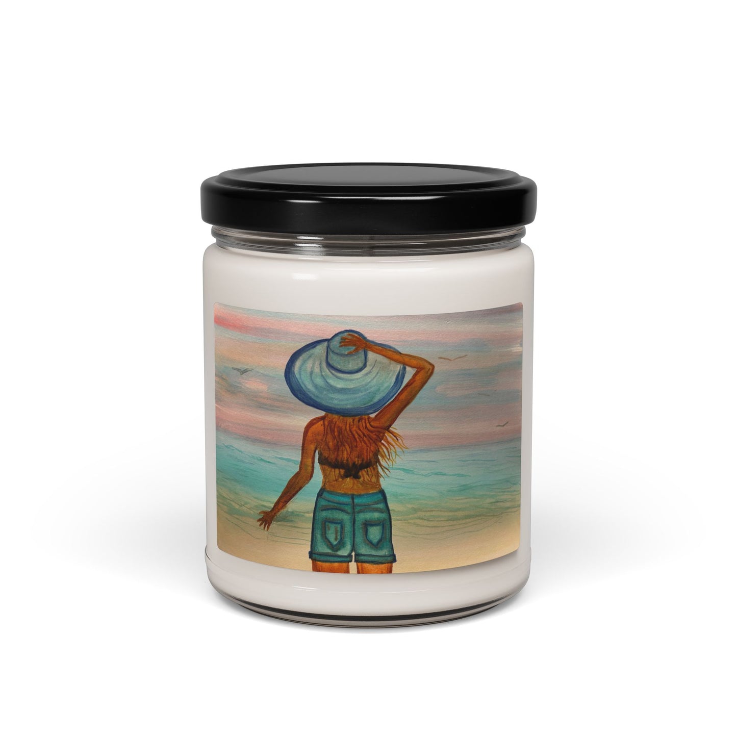 Sweet Girl Beach Sunset Soy Candle — Coastal Woman in Hat, 9oz Scented Jar
