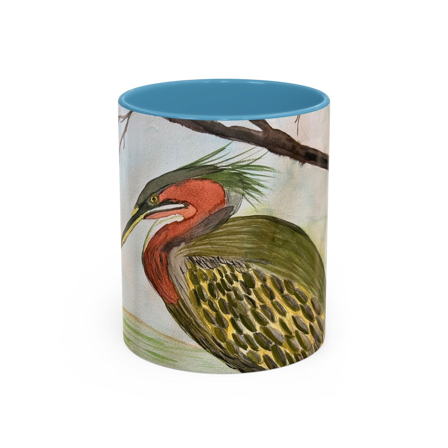Green Heron Watercolor Accent Coffee Mug — Nature Bird Watercolor (11/15oz)