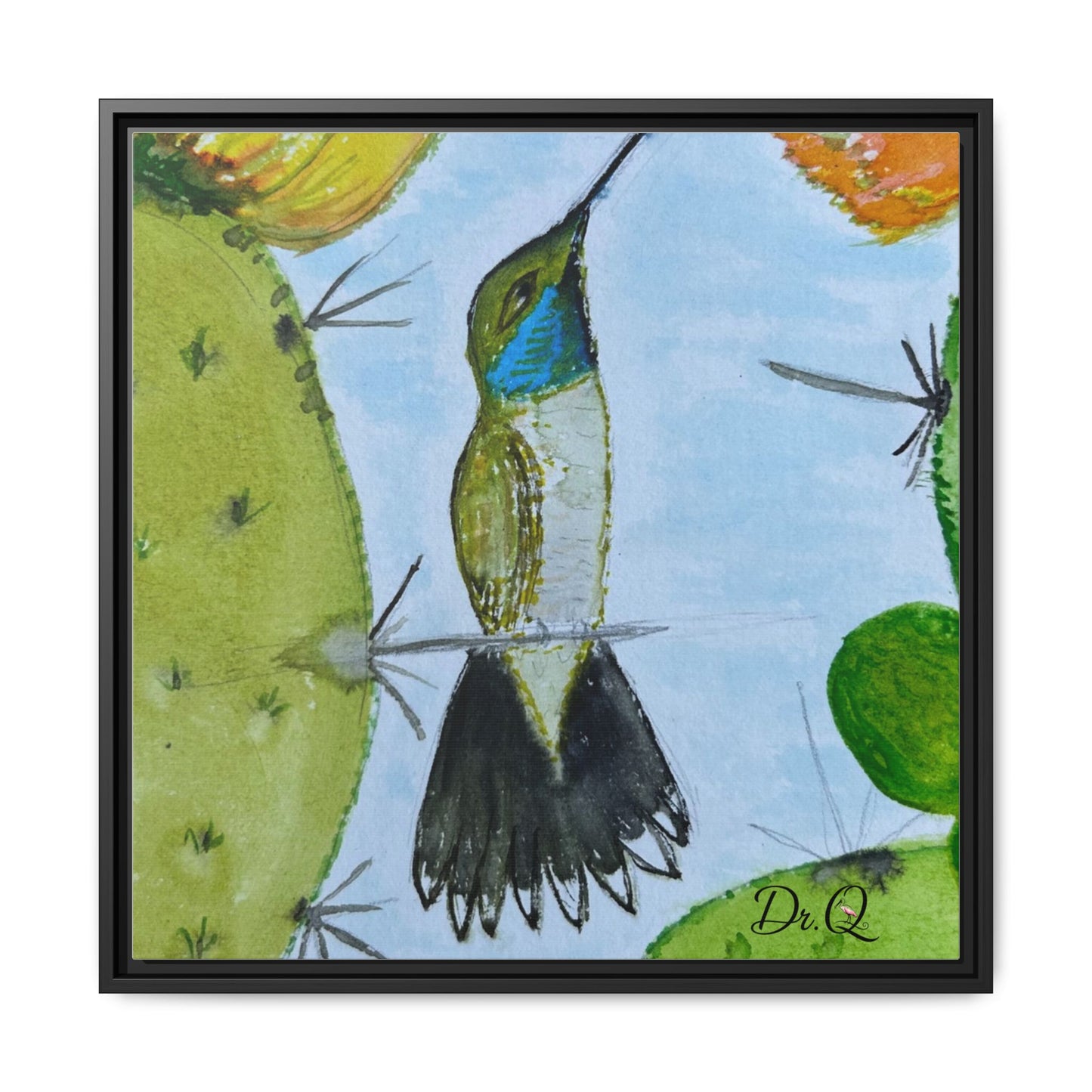 Framed Hummingbird Cactus Watercolor Print on Canvas by Dr. Q — Floral Desert Wall Art