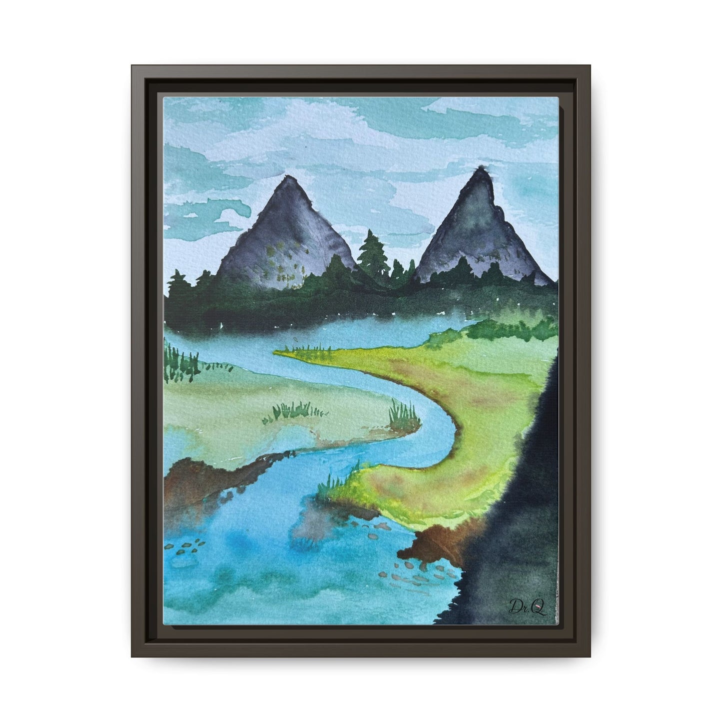 Mountain River Framed Canvas Watercolor Print by Dr. Q