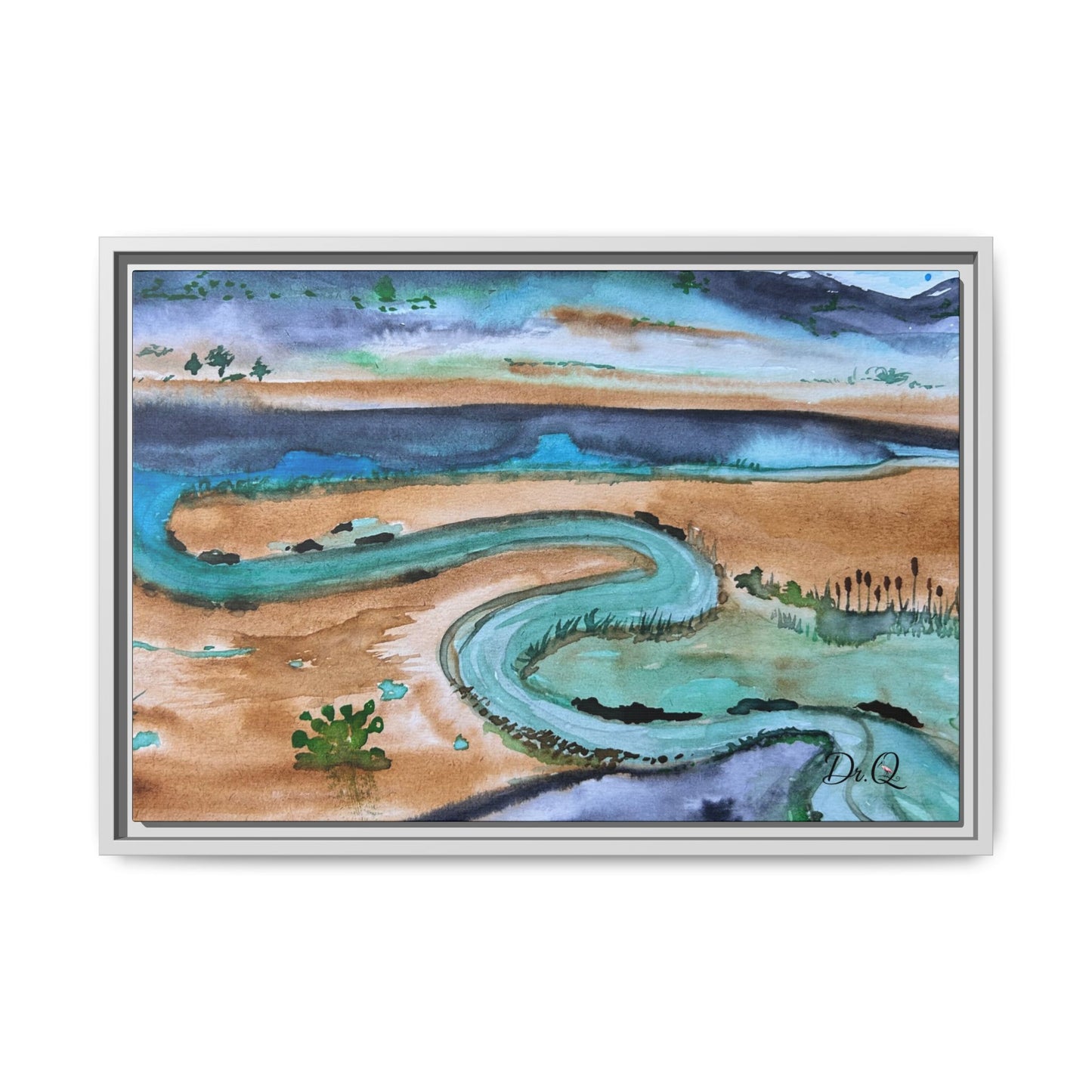 Winding River by Dr. Q - Framed Matte Canvas Watercolor Wall Art