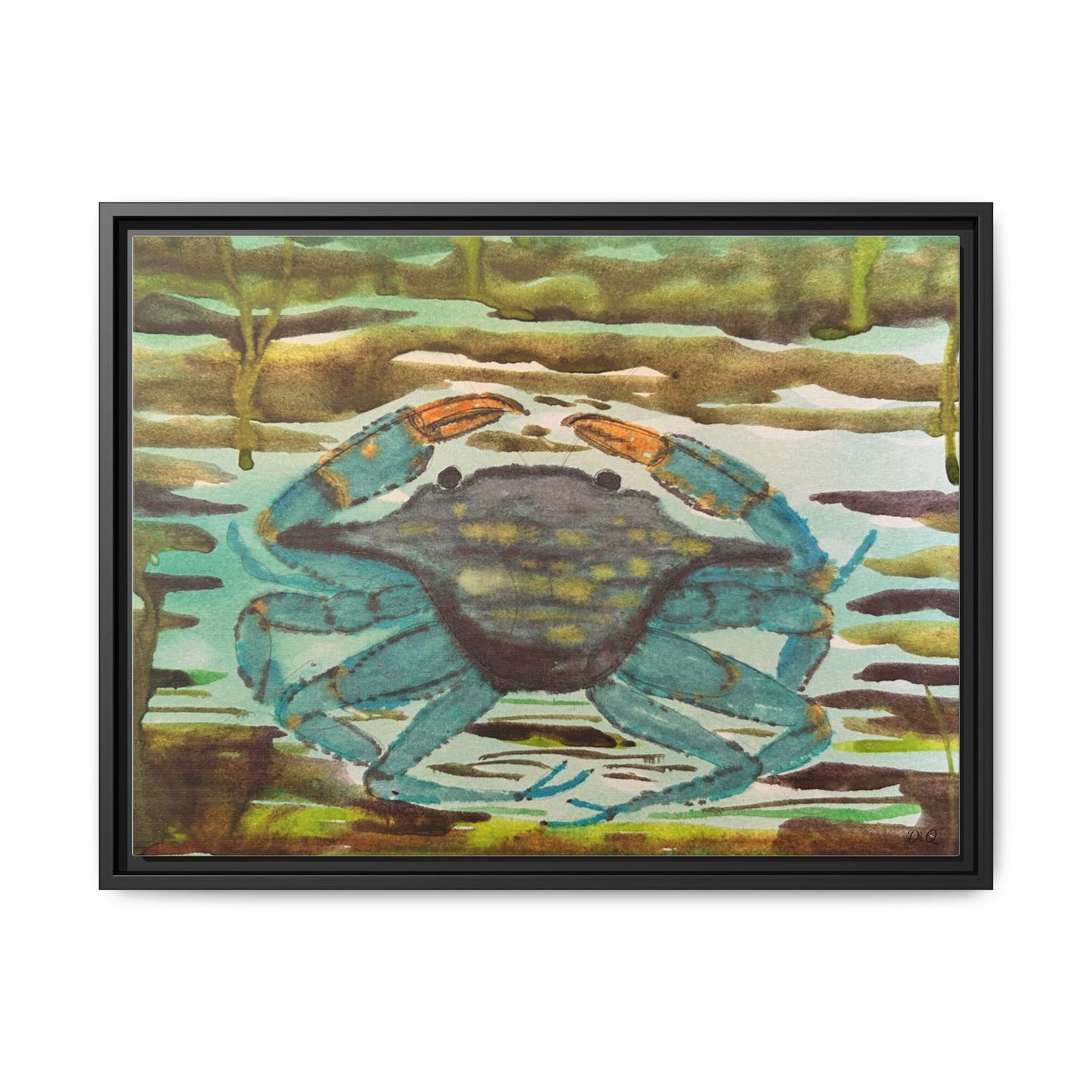 Blue Crab Coastal Art Print — Matte Framed Canvas