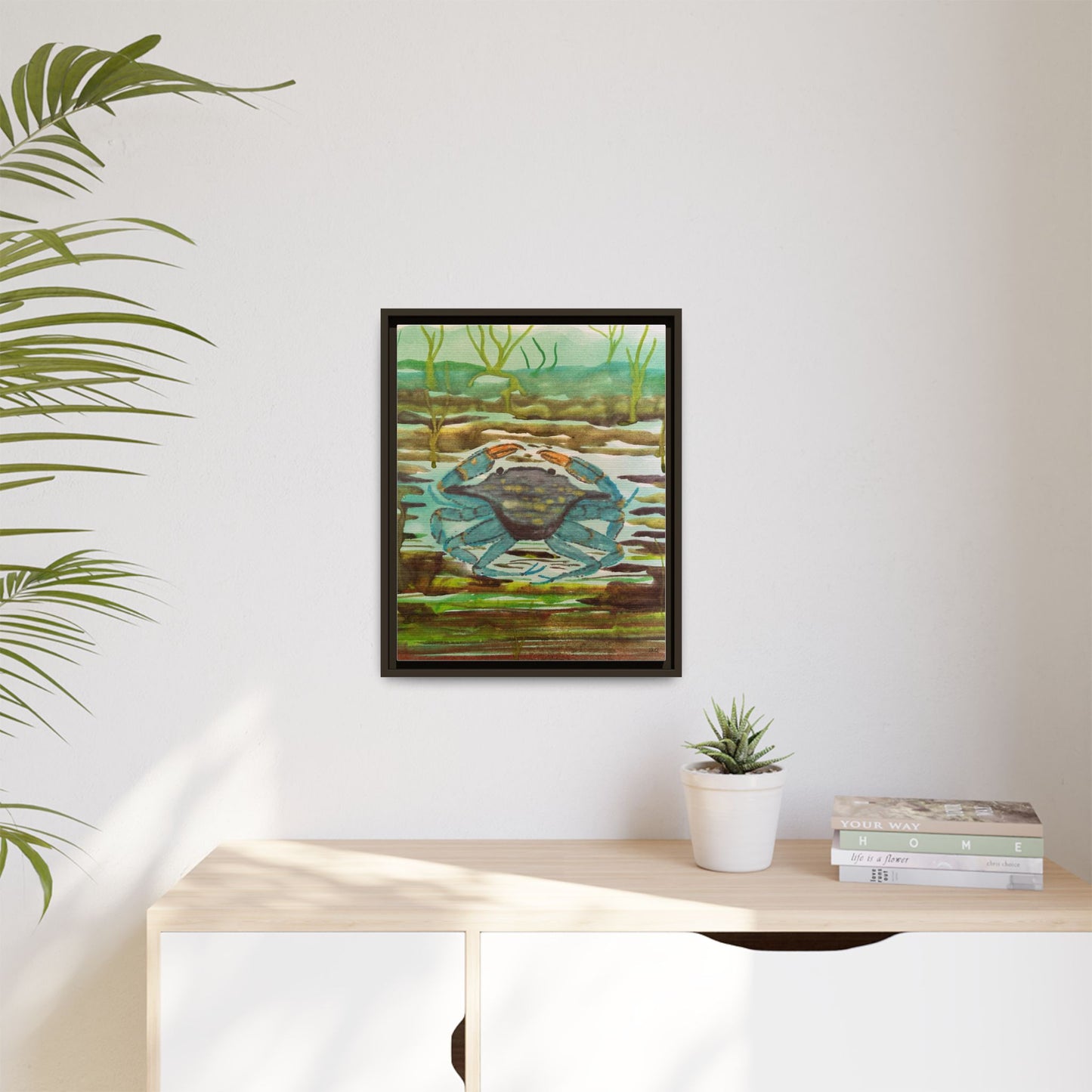 Blue Crab Coastal Art Print — Matte Framed Canvas