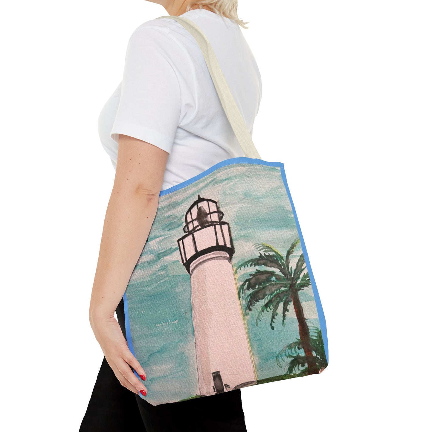 Coastal Lighthouse Tote Bag — Beachy Palm Print All-Over-Print Tote