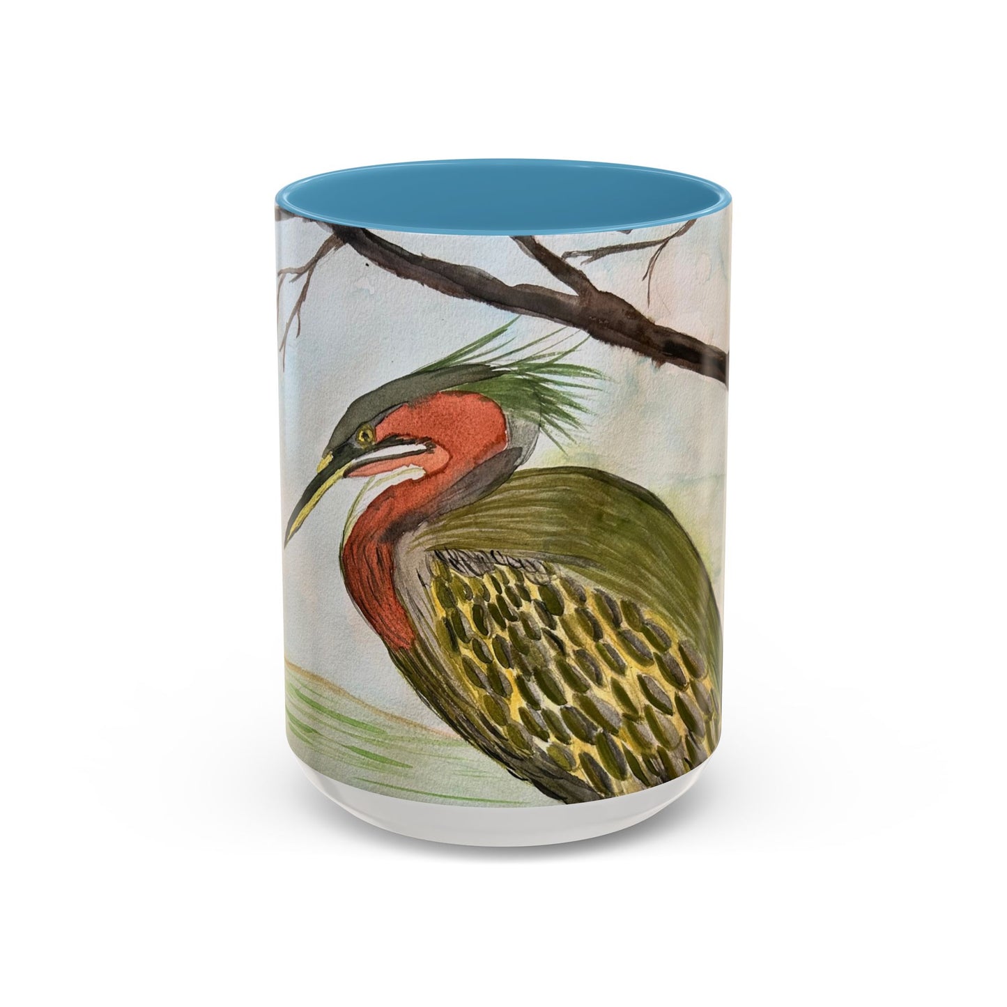 Green Heron Watercolor Accent Coffee Mug — Nature Bird Watercolor (11/15oz)