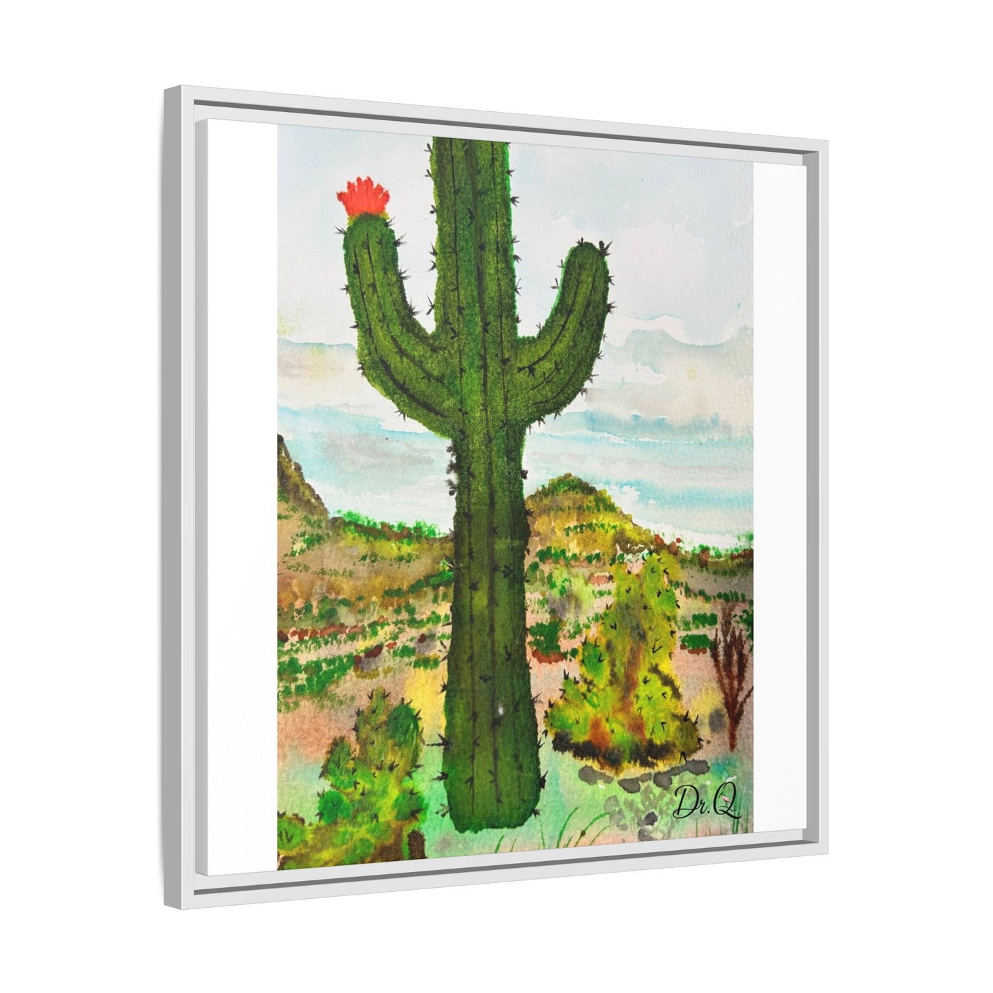 Framed Cactus Canvas Print — Desert Watercolor Wall Art