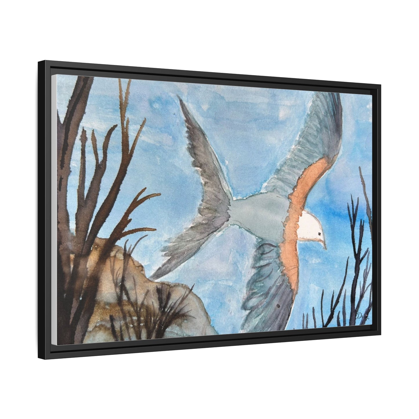 Framed Matte Canvas Wall Art — Soaring Seagull Coastal Print
